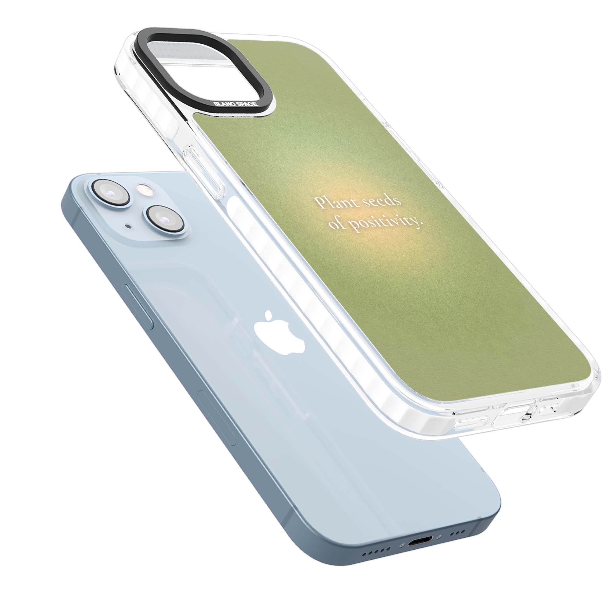 Seeds of Positivity quote iPhone case featuring a sage green aura gradient and golden glow affirmation | Clear Impact case for iPhone 13, iPhone 14, iPhone 15