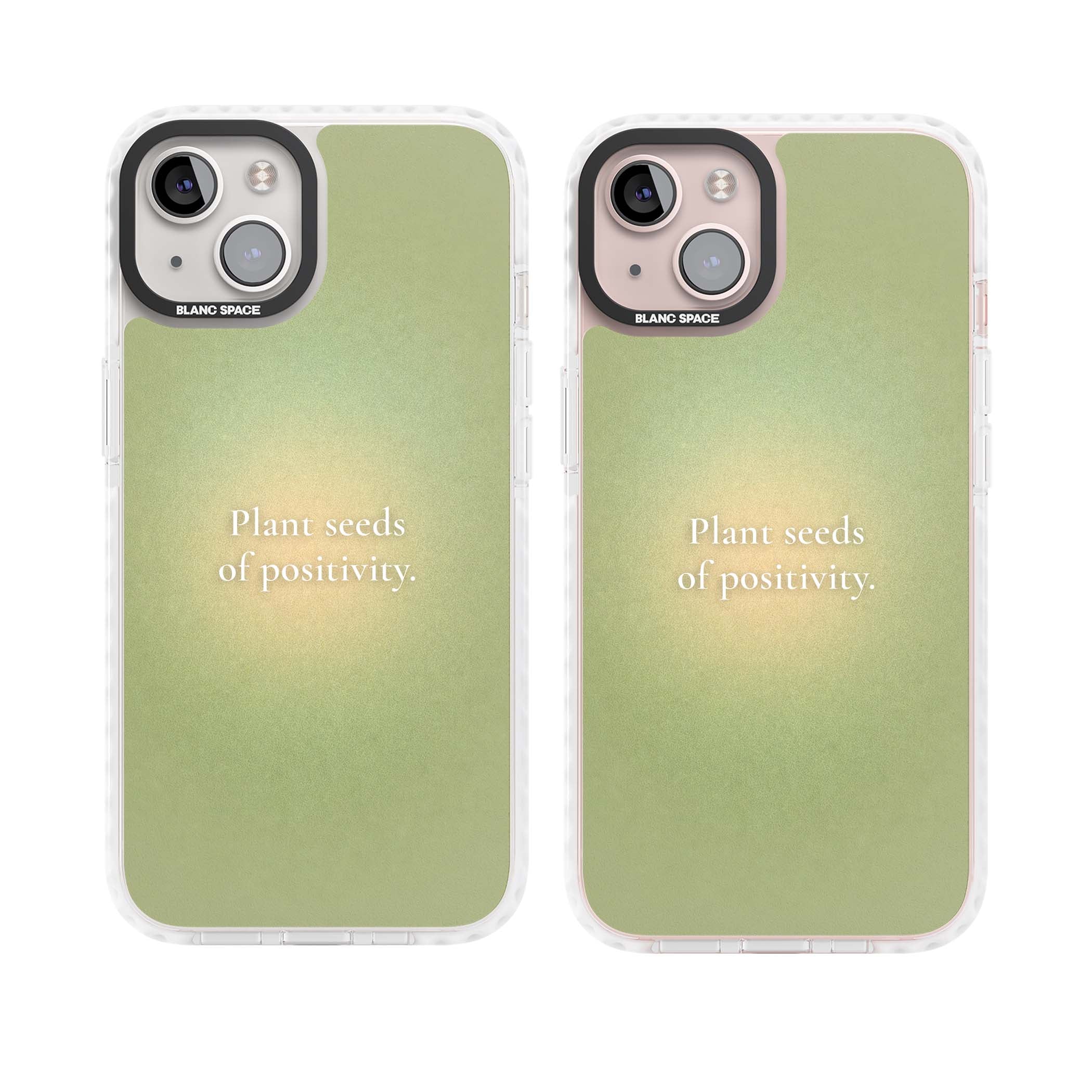Seeds of Positivity quote iPhone case featuring a sage green aura gradient and golden glow affirmation | Clear Impact case for iPhone 13, iPhone 14, iPhone 15