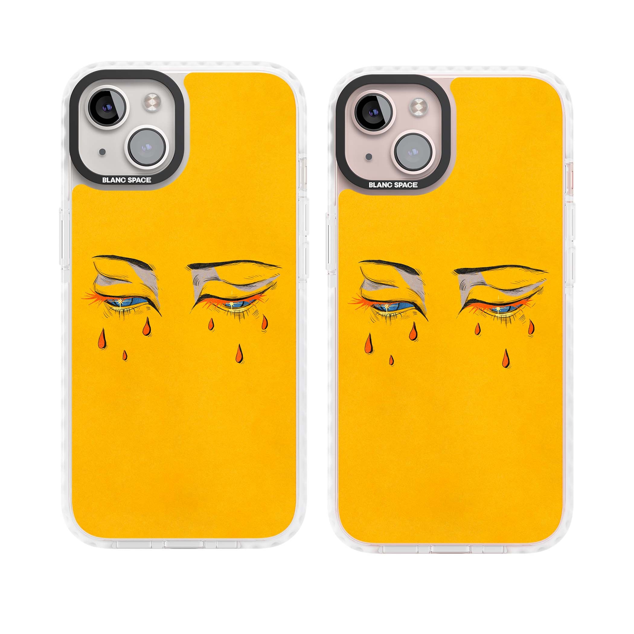 Yellow Tearful Eyes indie iPhone case featuring hand-drawn crying eyes with orange tears on a yellow background | Clear Impact case for iPhone 13, iPhone 14, iPhone 15