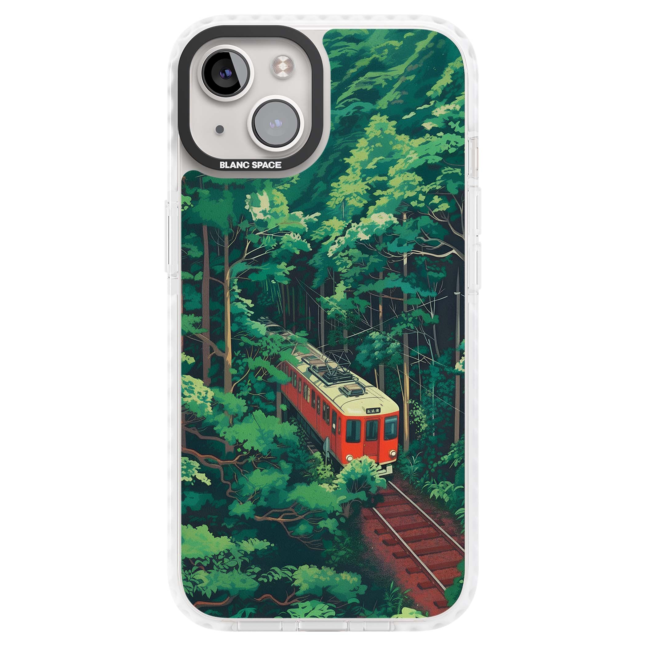 Railway In Toyama Japanese iPhone case featuring a red train, cedar forest and winding mountain railway tracks | Clear Impact case for iPhone 13, iPhone 14, iPhone 15