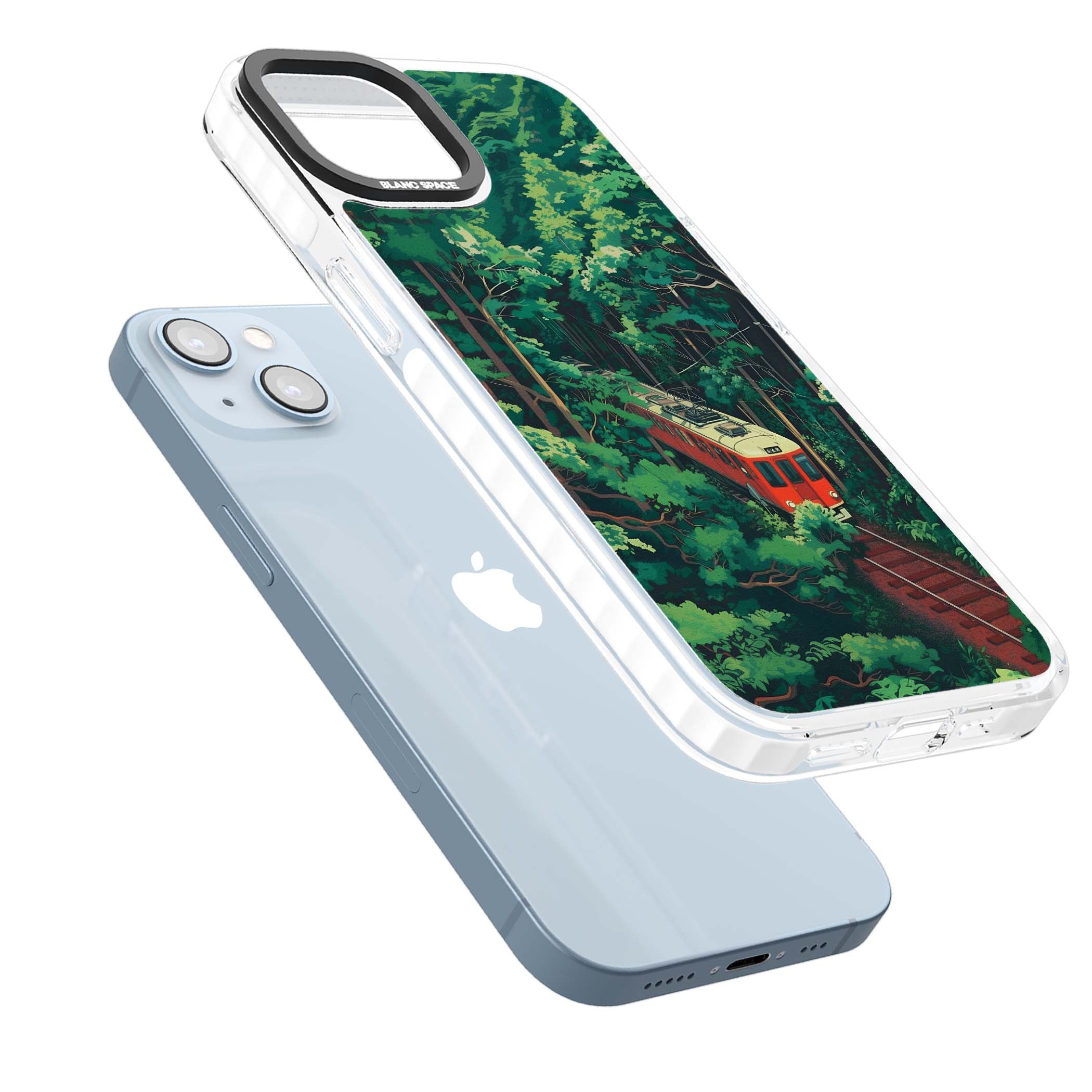 Railway In Toyama Japanese iPhone case featuring a red train, cedar forest and winding mountain railway tracks | Clear Impact case for iPhone 13, iPhone 14, iPhone 15