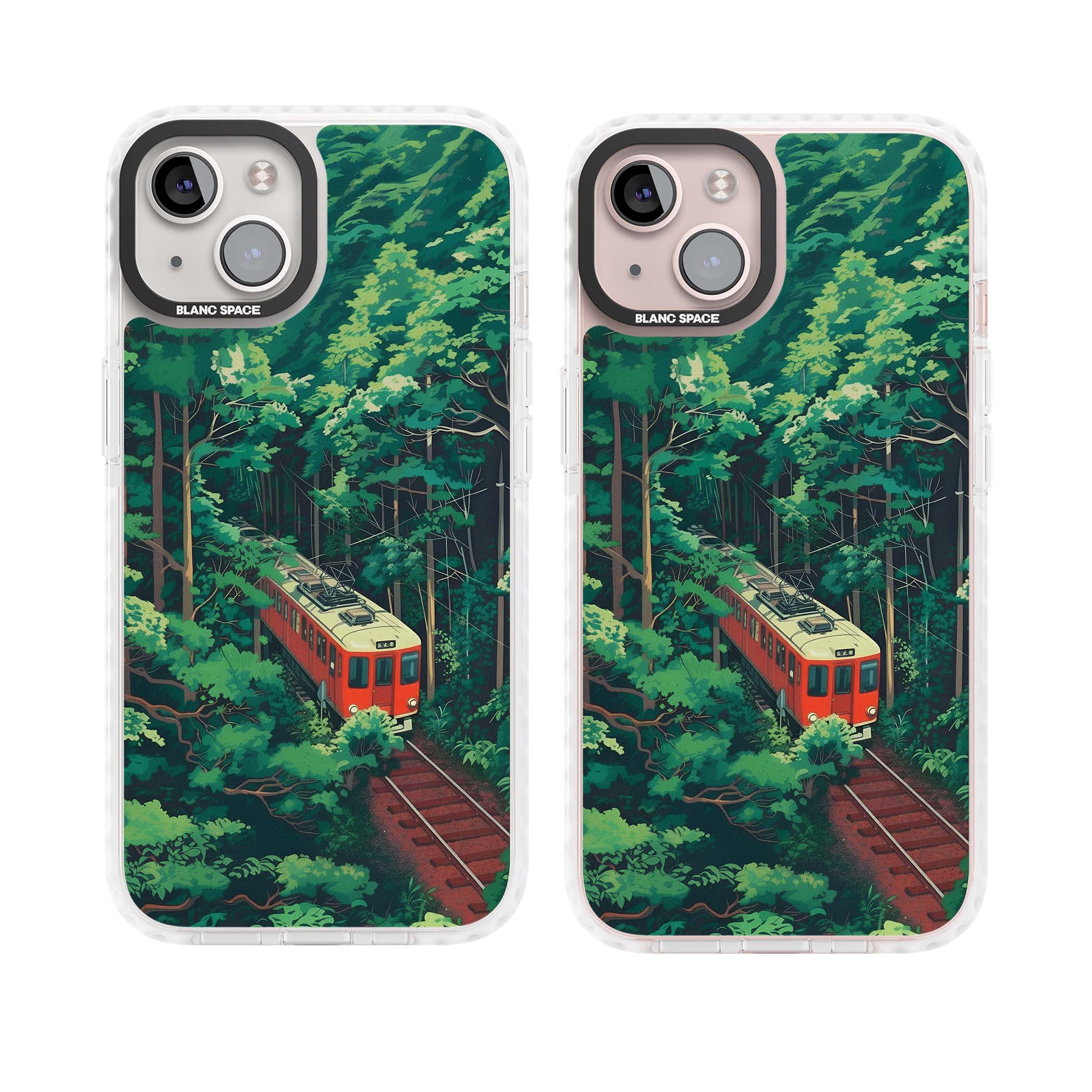 Railway In Toyama Japanese iPhone case featuring a red train, cedar forest and winding mountain railway tracks | Clear Impact case for iPhone 13, iPhone 14, iPhone 15