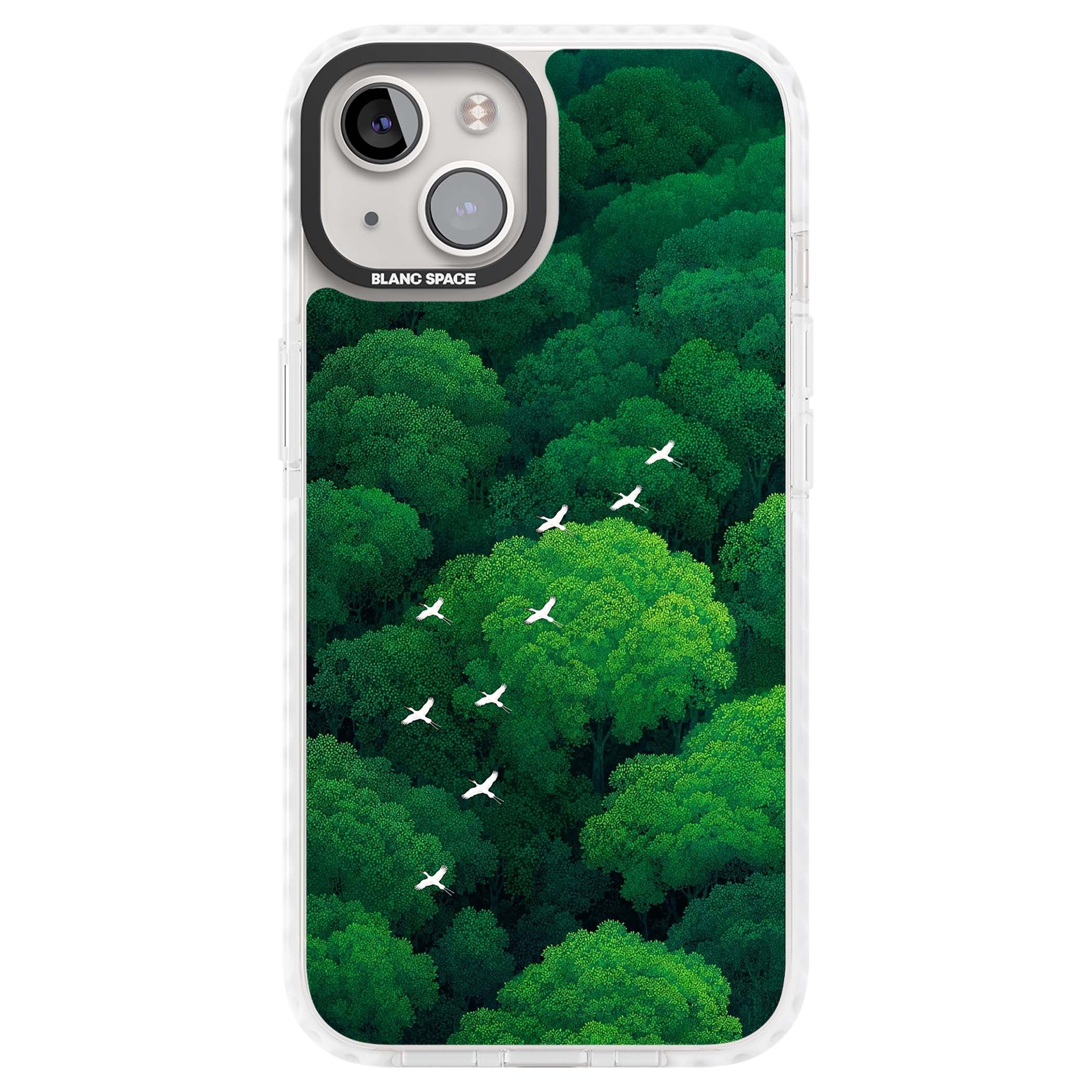 Grove Migration forest iPhone case featuring white cranes flying over lush green treetop canopy | Clear Impact case for iPhone 13, iPhone 14, iPhone 15