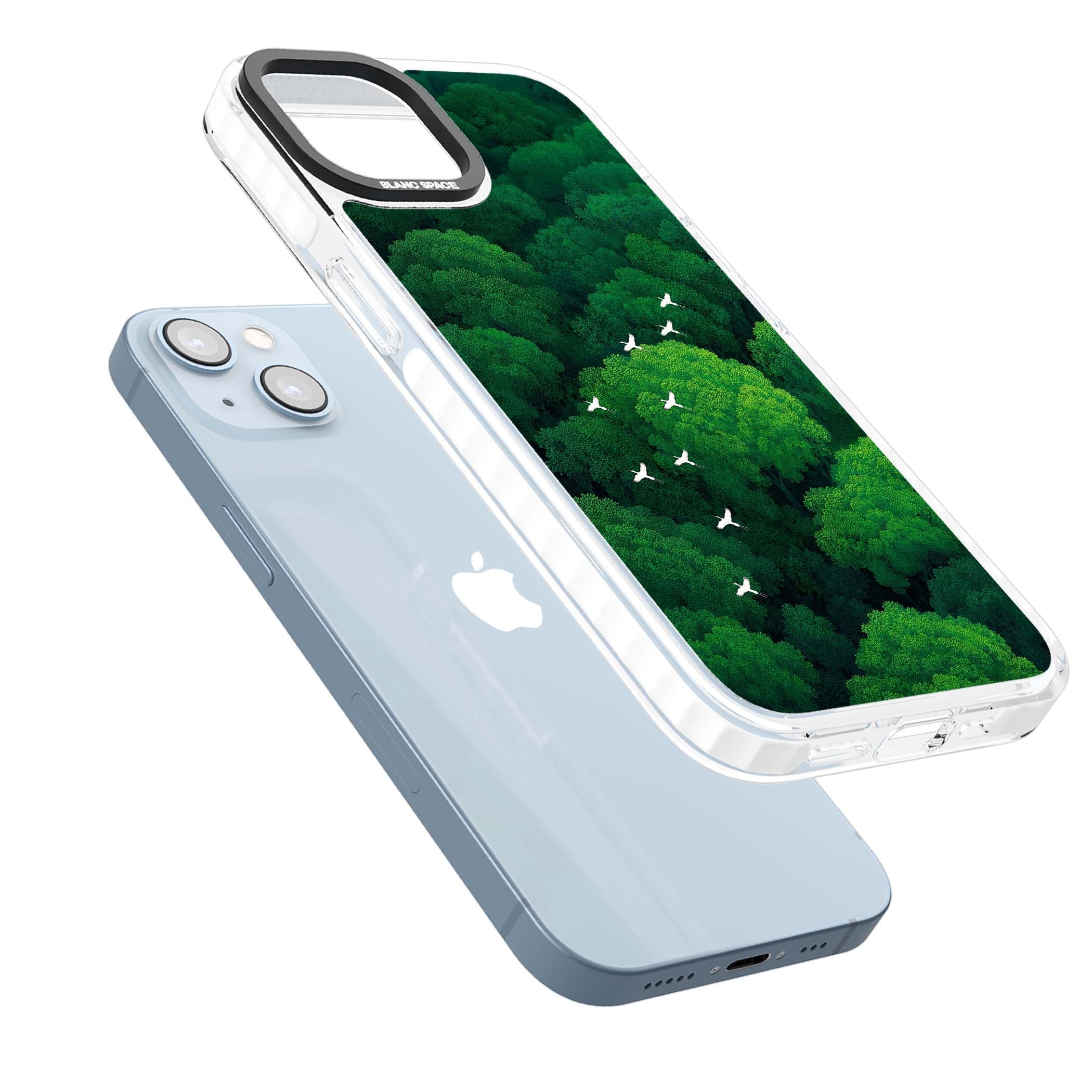 Grove Migration forest iPhone case featuring white cranes flying over lush green treetop canopy | Clear Impact case for iPhone 13, iPhone 14, iPhone 15