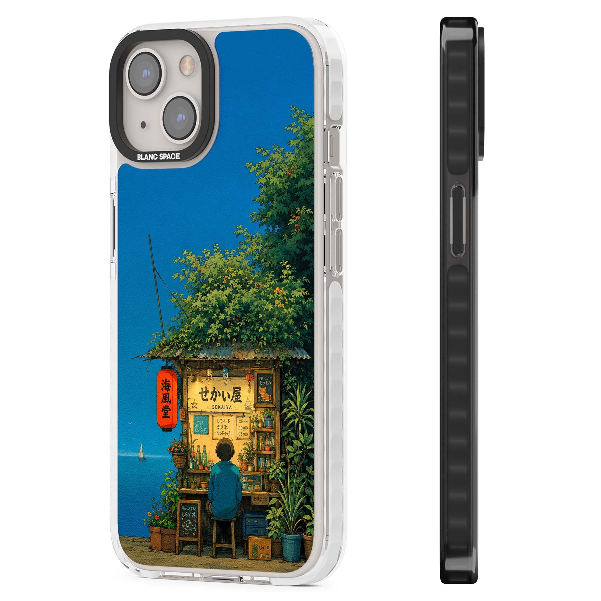 The Shirahama Kiosk anime iPhone case featuring a Japanese seaside shop, red paper lantern and ocean view | Clear Impact case for iPhone 13, iPhone 14, iPhone 15
