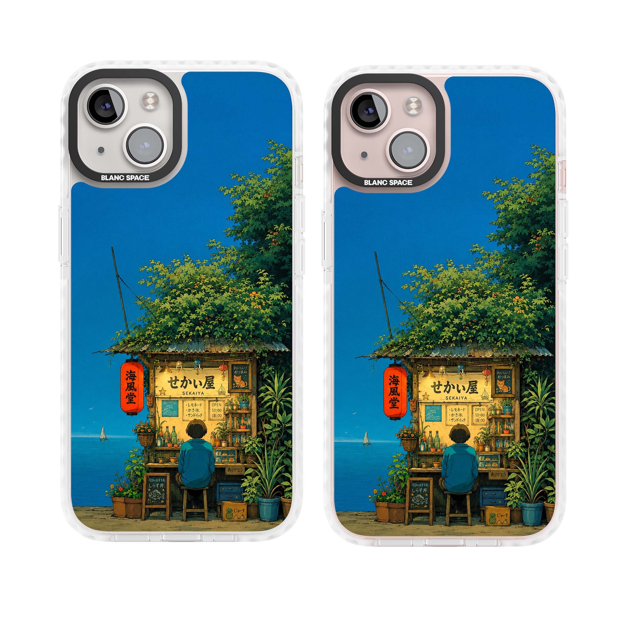 The Shirahama Kiosk anime iPhone case featuring a Japanese seaside shop, red paper lantern and ocean view | Clear Impact case for iPhone 13, iPhone 14, iPhone 15
