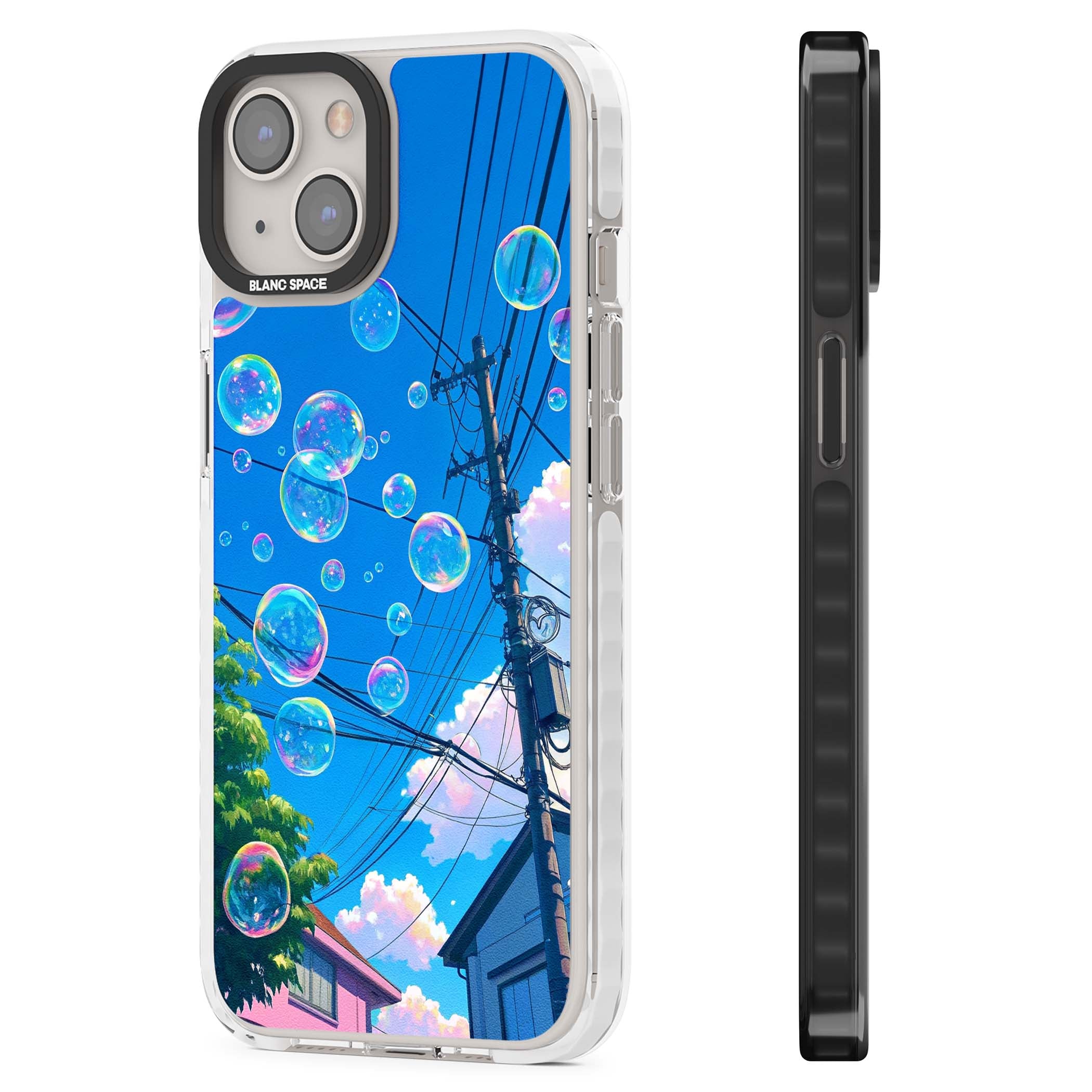 Suburban Bubbles anime iPhone case featuring iridescent soap bubbles, blue sky and Japanese telephone wires | Clear Impact case for iPhone 13, iPhone 14, iPhone 15