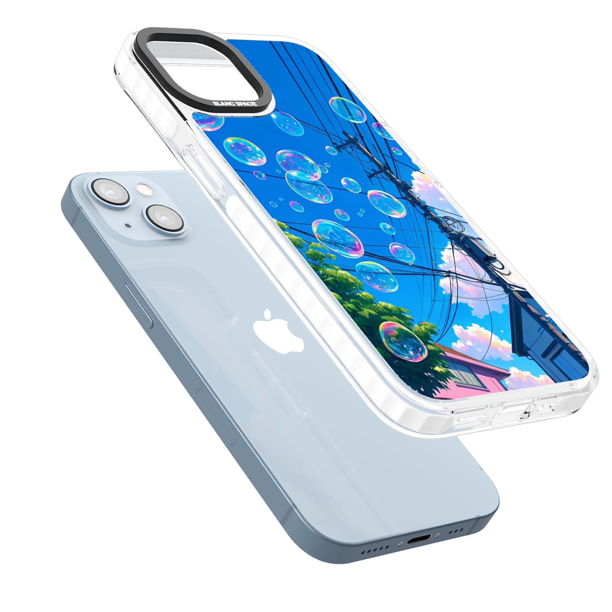 Suburban Bubbles anime iPhone case featuring iridescent soap bubbles, blue sky and Japanese telephone wires | Clear Impact case for iPhone 13, iPhone 14, iPhone 15