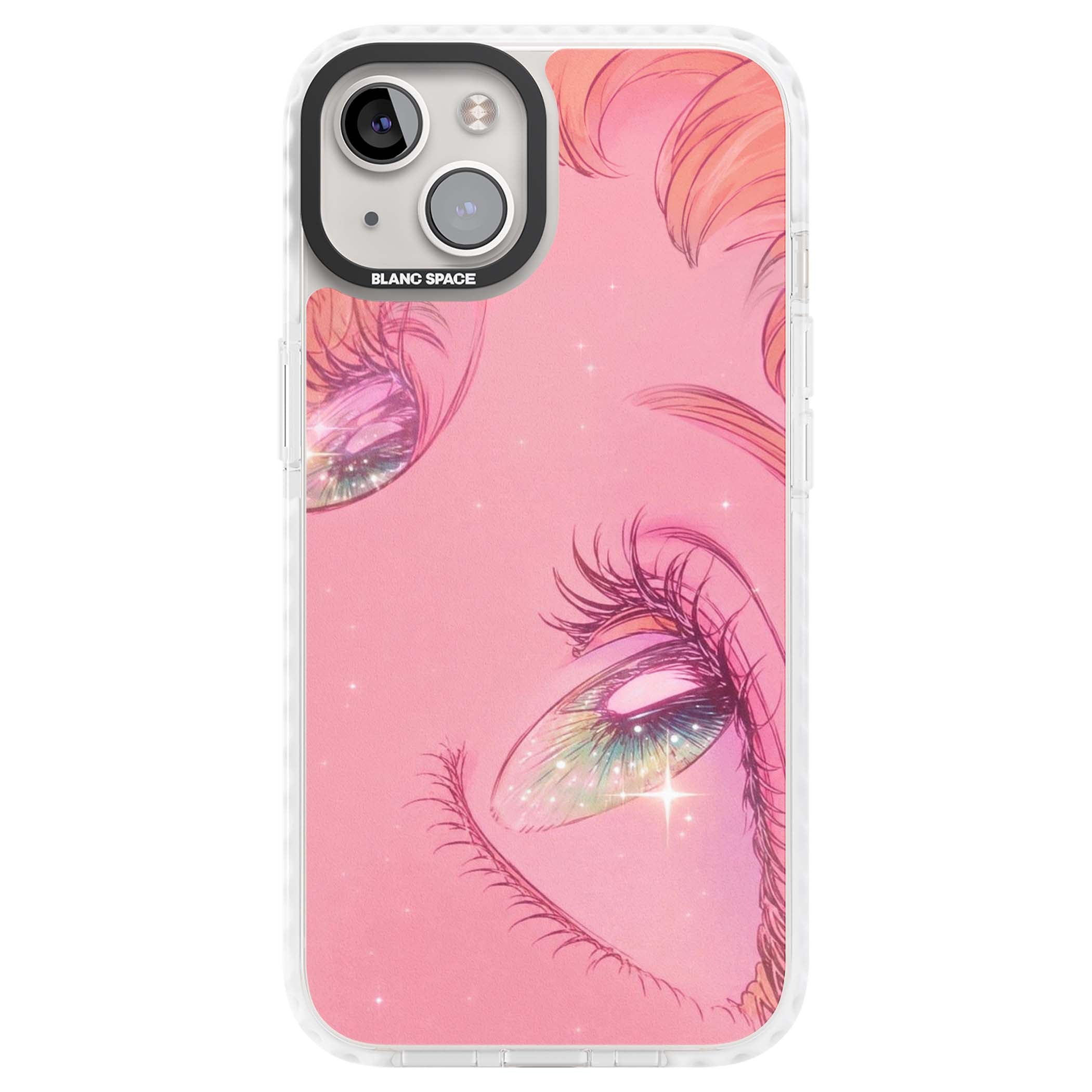 Pink Ethereal Gaze anime iPhone case featuring sparkling manga eyes, coral lashes and dreamy peach sky | Clear Impact case for iPhone 13, iPhone 14, iPhone 15