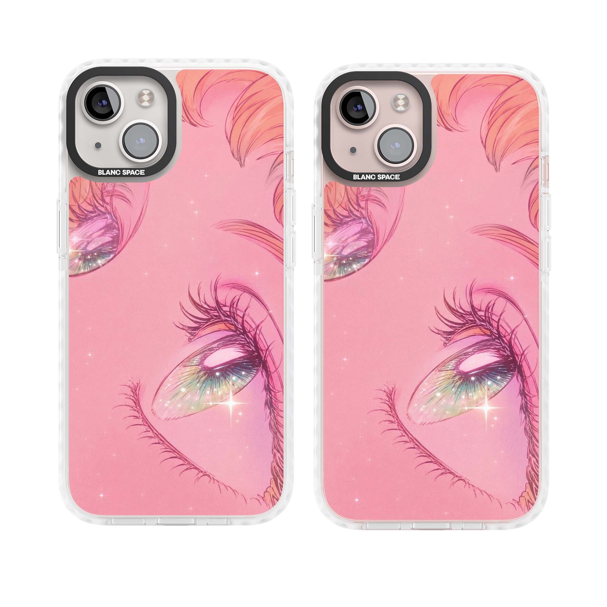 Pink Ethereal Gaze anime iPhone case featuring sparkling manga eyes, coral lashes and dreamy peach sky | Clear Impact case for iPhone 13, iPhone 14, iPhone 15