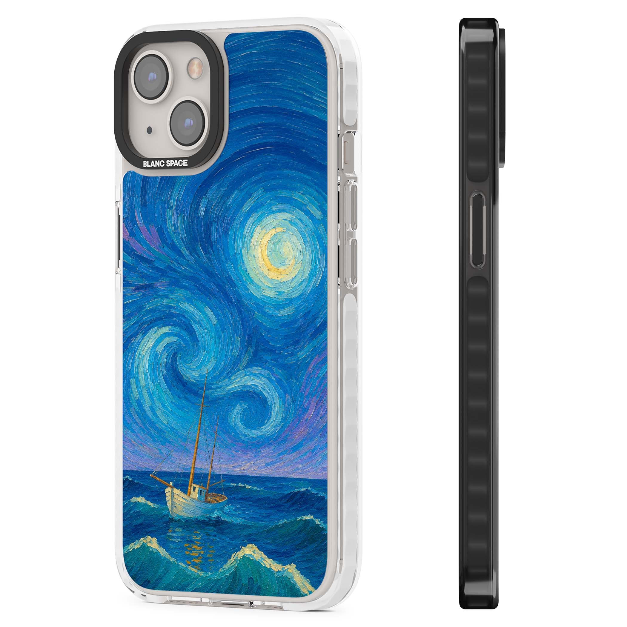 Moonlit Tide Van Gogh art iPhone case featuring swirling starry night sky, glowing moon and lone sailing boat at sea | Clear Impact case for iPhone 13, iPhone 14, iPhone 15