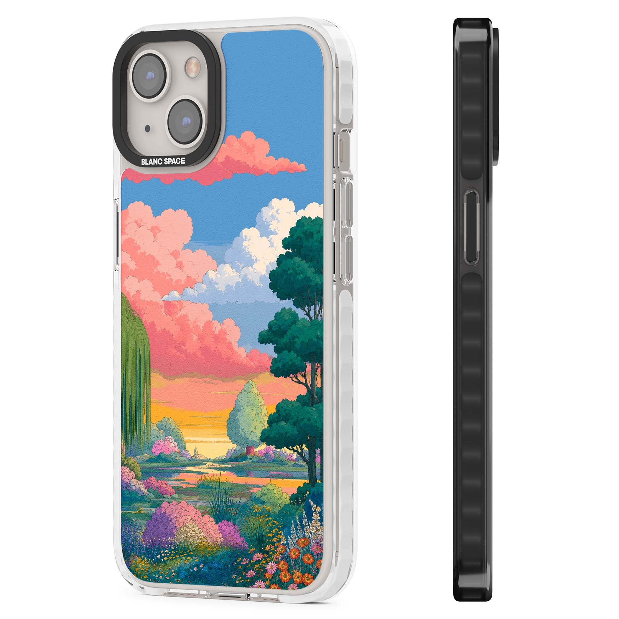 Dream Valley anime landscape iPhone case featuring pink sunset clouds, willow trees and wildflowers | Clear Impact case for iPhone 13, iPhone 14, iPhone 15