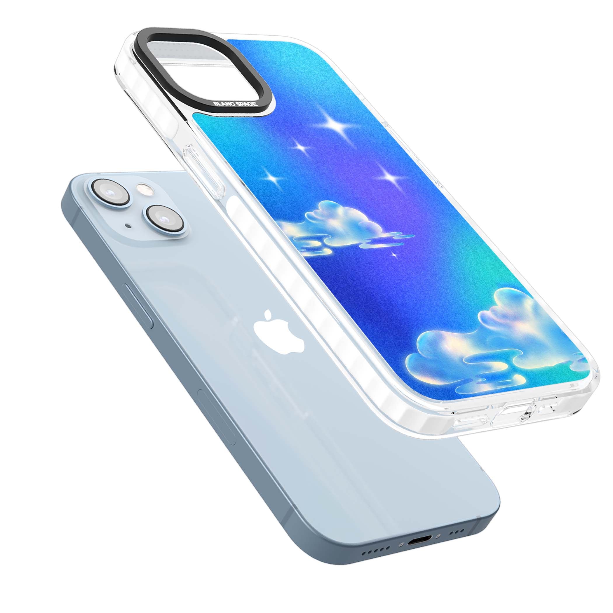 Aurora celestial iPhone case featuring dreamy iridescent clouds, sparkling stars and pastel blue purple sky | Clear Impact case for iPhone 13, iPhone 14, iPhone 15