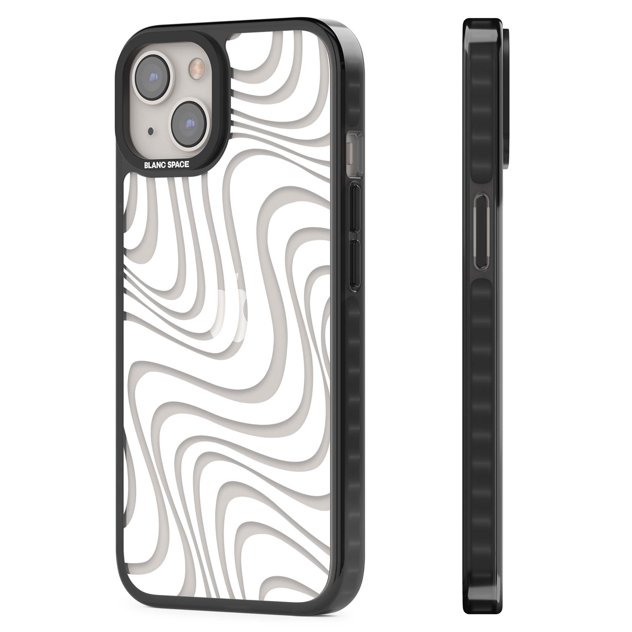 White Abstract Waves abstract iPhone case featuring flowing grey wave pattern on clear background | Black Impact case for iPhone 13, iPhone 14, iPhone 15