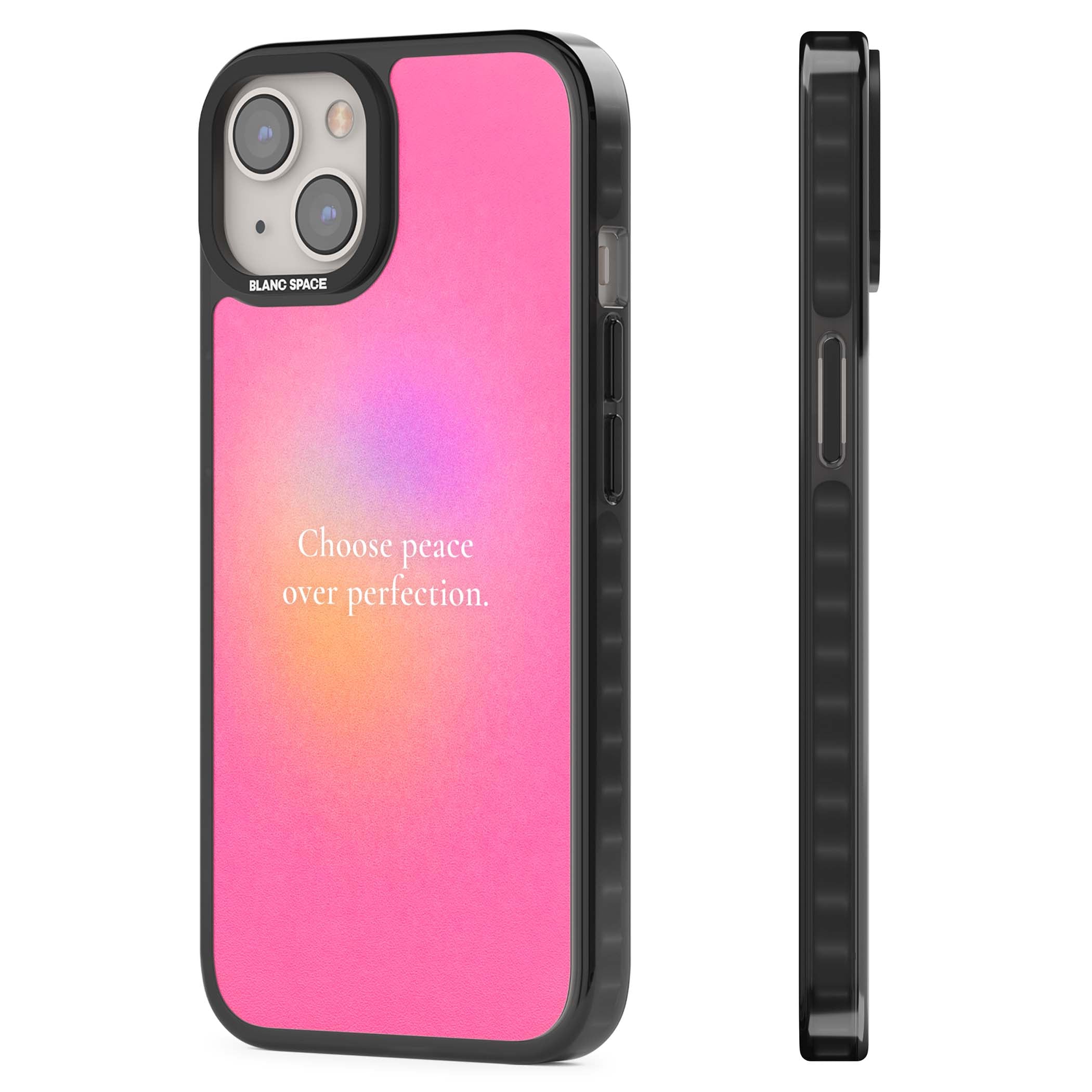 Peace Over Perfection quote iPhone case featuring a dreamy pink aura gradient and delicate white affirmation text | Black Impact case for iPhone 13, iPhone 14, iPhone 15