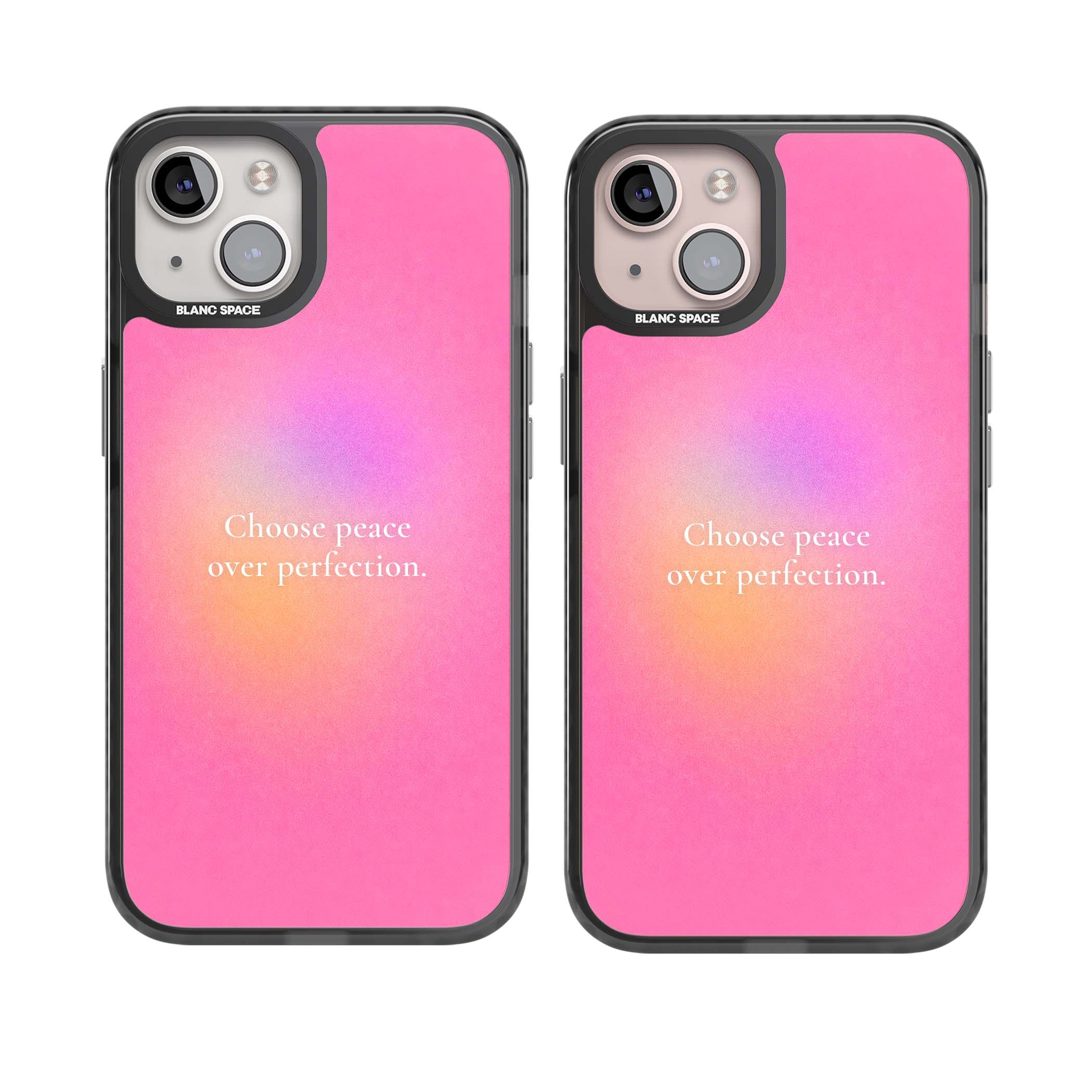 Peace Over Perfection quote iPhone case featuring a dreamy pink aura gradient and delicate white affirmation text | Black Impact case for iPhone 13, iPhone 14, iPhone 15