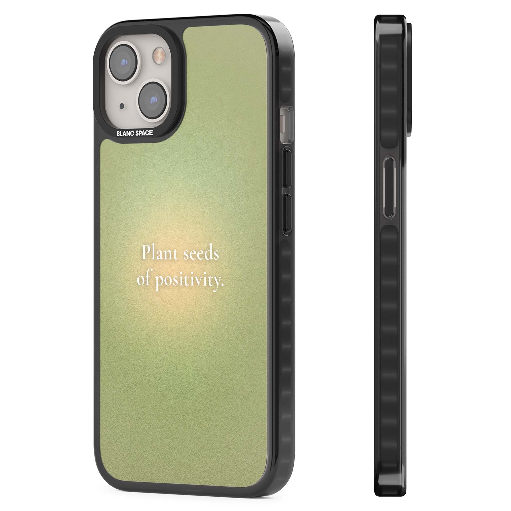 Seeds of Positivity quote iPhone case featuring a sage green aura gradient and golden glow affirmation | Black Impact case for iPhone 13, iPhone 14, iPhone 15