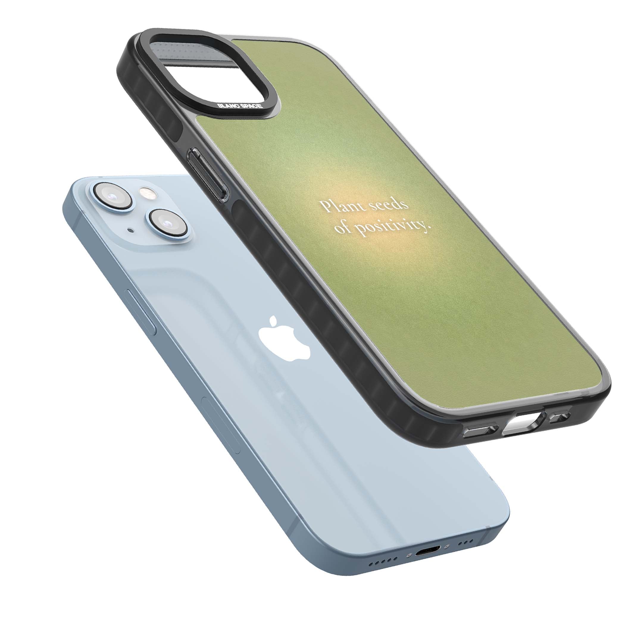 Seeds of Positivity quote iPhone case featuring a sage green aura gradient and golden glow affirmation | Black Impact case for iPhone 13, iPhone 14, iPhone 15