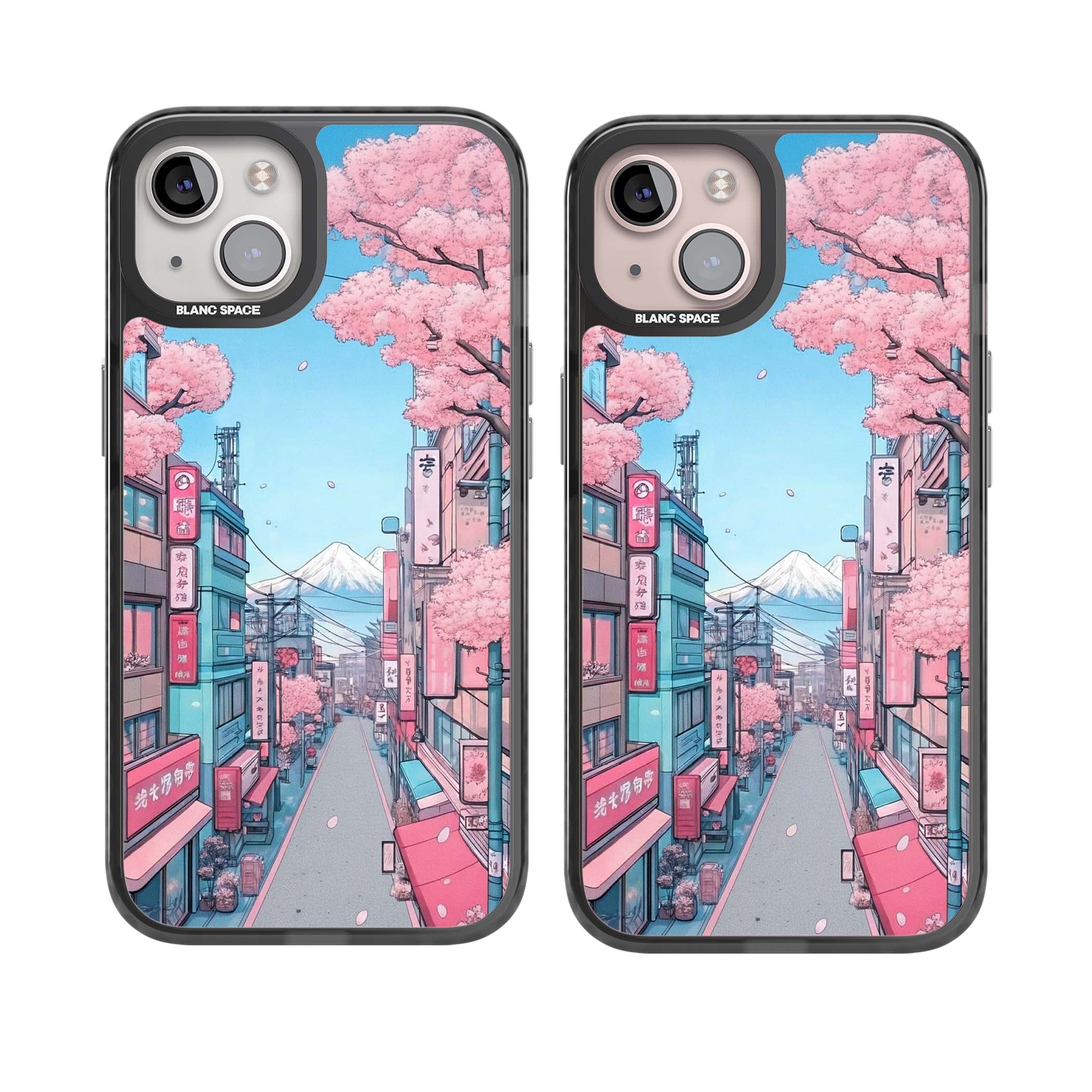 Sakura Lane anime iPhone case featuring Tokyo street scene with cherry blossoms and Mount Fuji | Black Impact case for iPhone 13, iPhone 14, iPhone 15