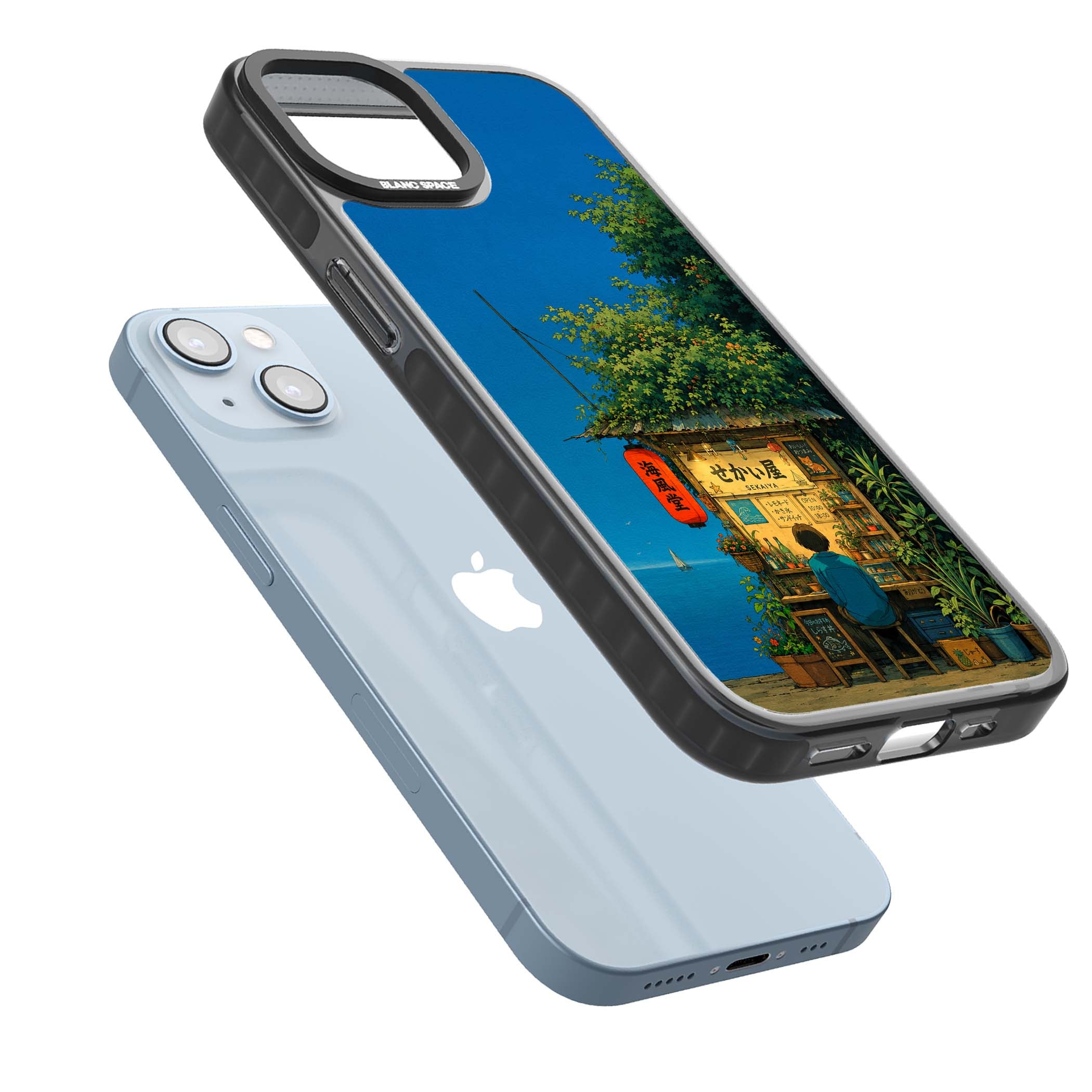 The Shirahama Kiosk anime iPhone case featuring a Japanese seaside shop, red paper lantern and ocean view | Black Impact case for iPhone 13, iPhone 14, iPhone 15