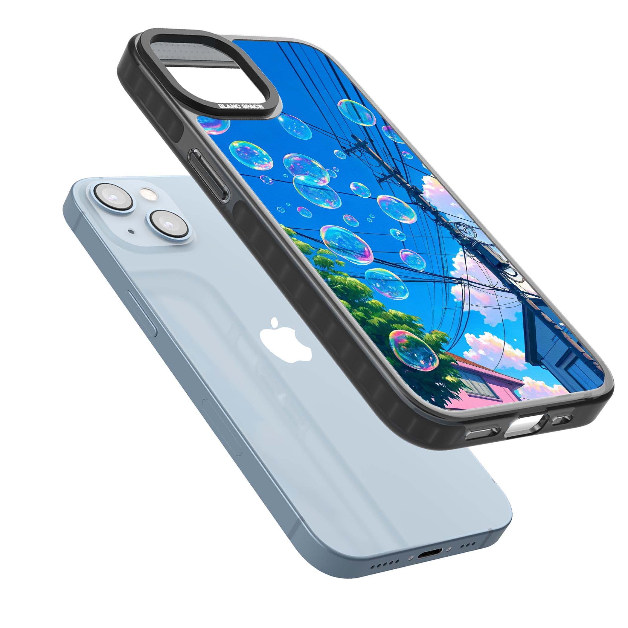 Suburban Bubbles anime iPhone case featuring iridescent soap bubbles, blue sky and Japanese telephone wires | Black Impact case for iPhone 13, iPhone 14, iPhone 15