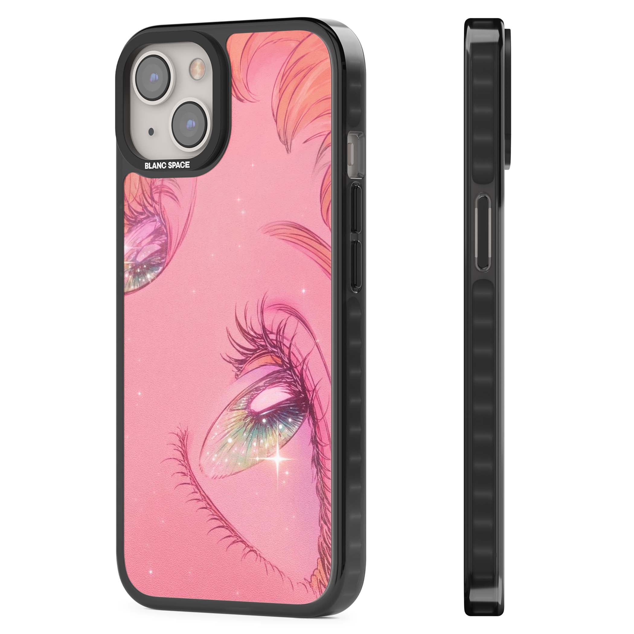 Pink Ethereal Gaze anime iPhone case featuring sparkling manga eyes, coral lashes and dreamy peach sky | Black Impact case for iPhone 13, iPhone 14, iPhone 15