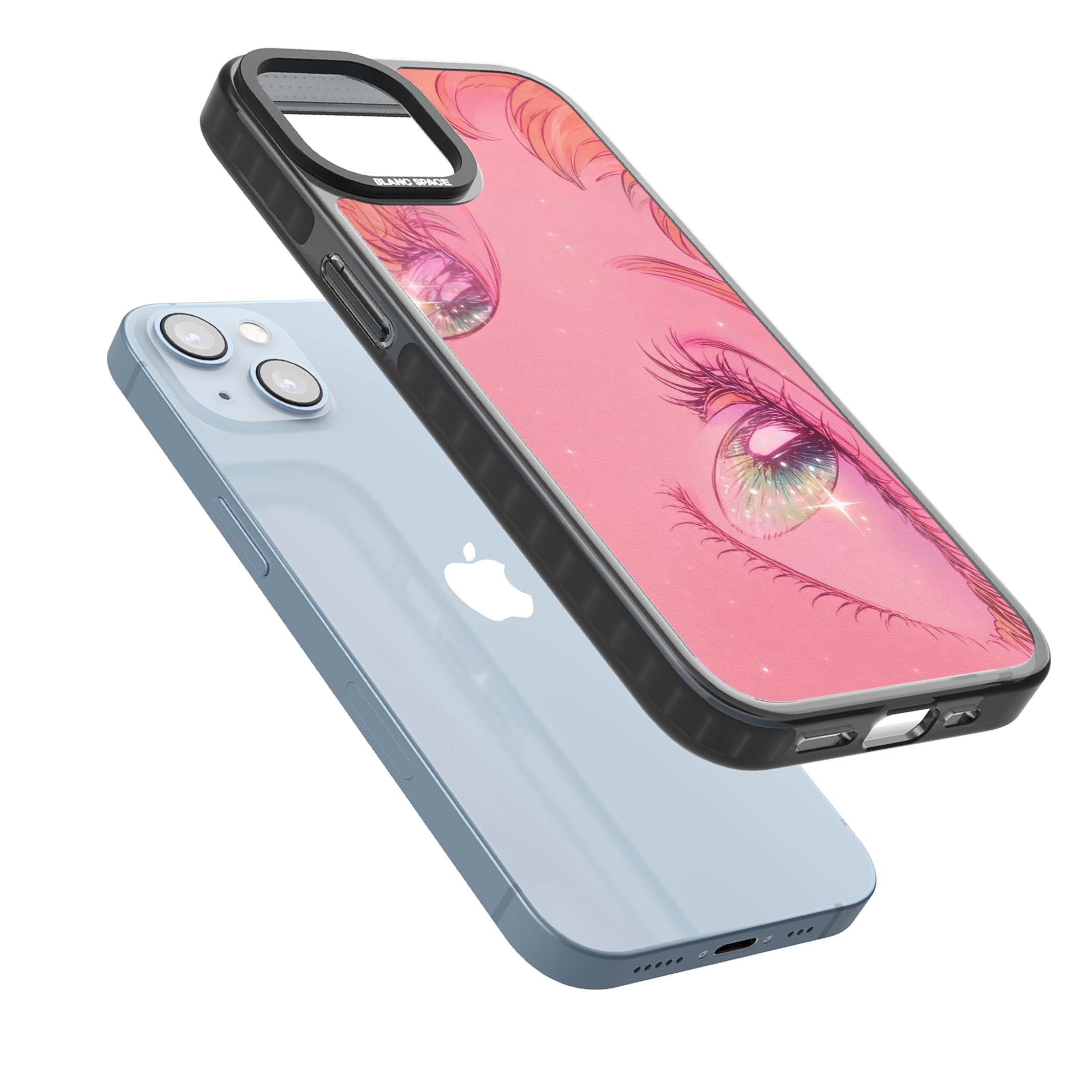 Pink Ethereal Gaze anime iPhone case featuring sparkling manga eyes, coral lashes and dreamy peach sky | Black Impact case for iPhone 13, iPhone 14, iPhone 15