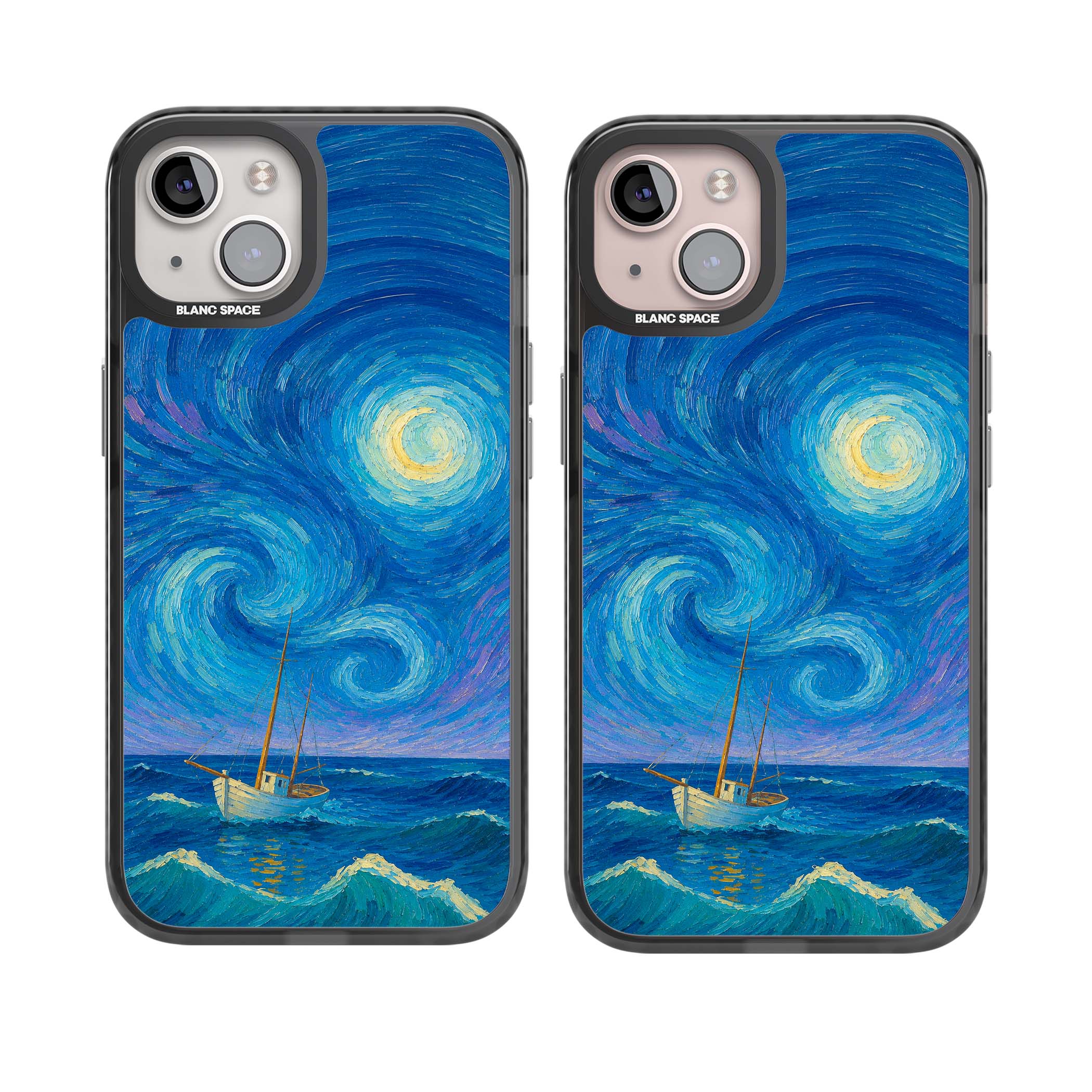 Moonlit Tide Van Gogh art iPhone case featuring swirling starry night sky, glowing moon and lone sailing boat at sea | Black Impact case for iPhone 13, iPhone 14, iPhone 15