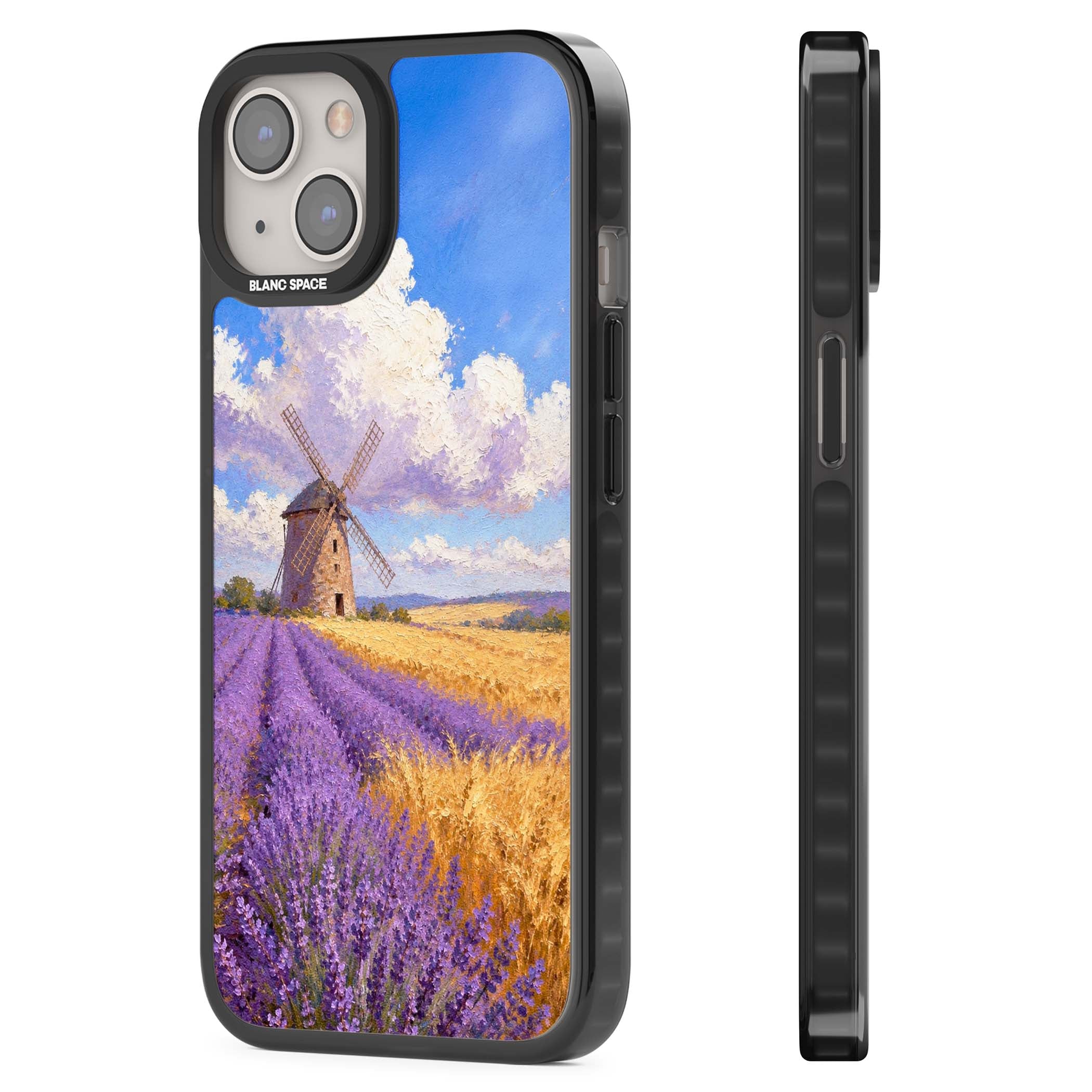 Lavender Mill cottagecore iPhone case featuring a French windmill, lavender field and golden wheat oil painting | Black Impact case for iPhone 13, iPhone 14, iPhone 15