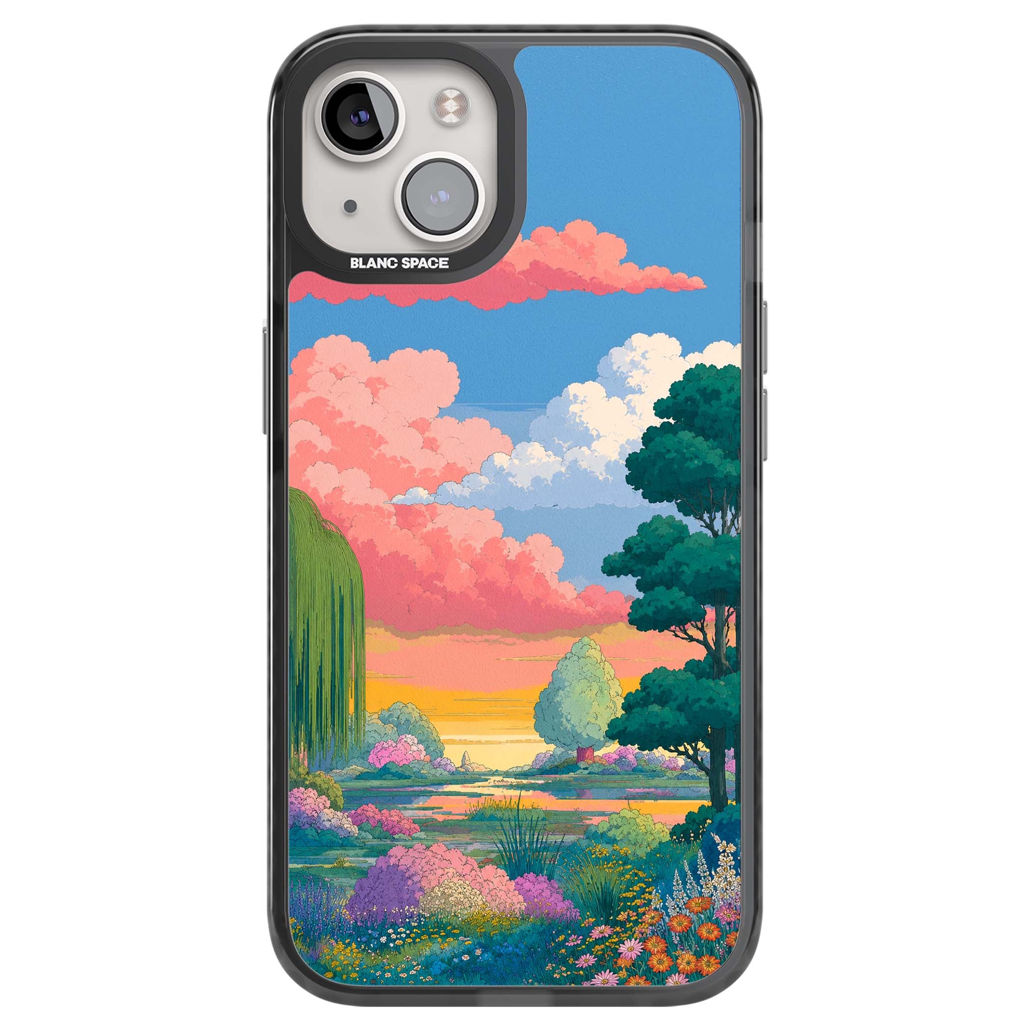 Dream Valley anime landscape iPhone case featuring pink sunset clouds, willow trees and wildflowers | Black Impact case for iPhone 13, iPhone 14, iPhone 15