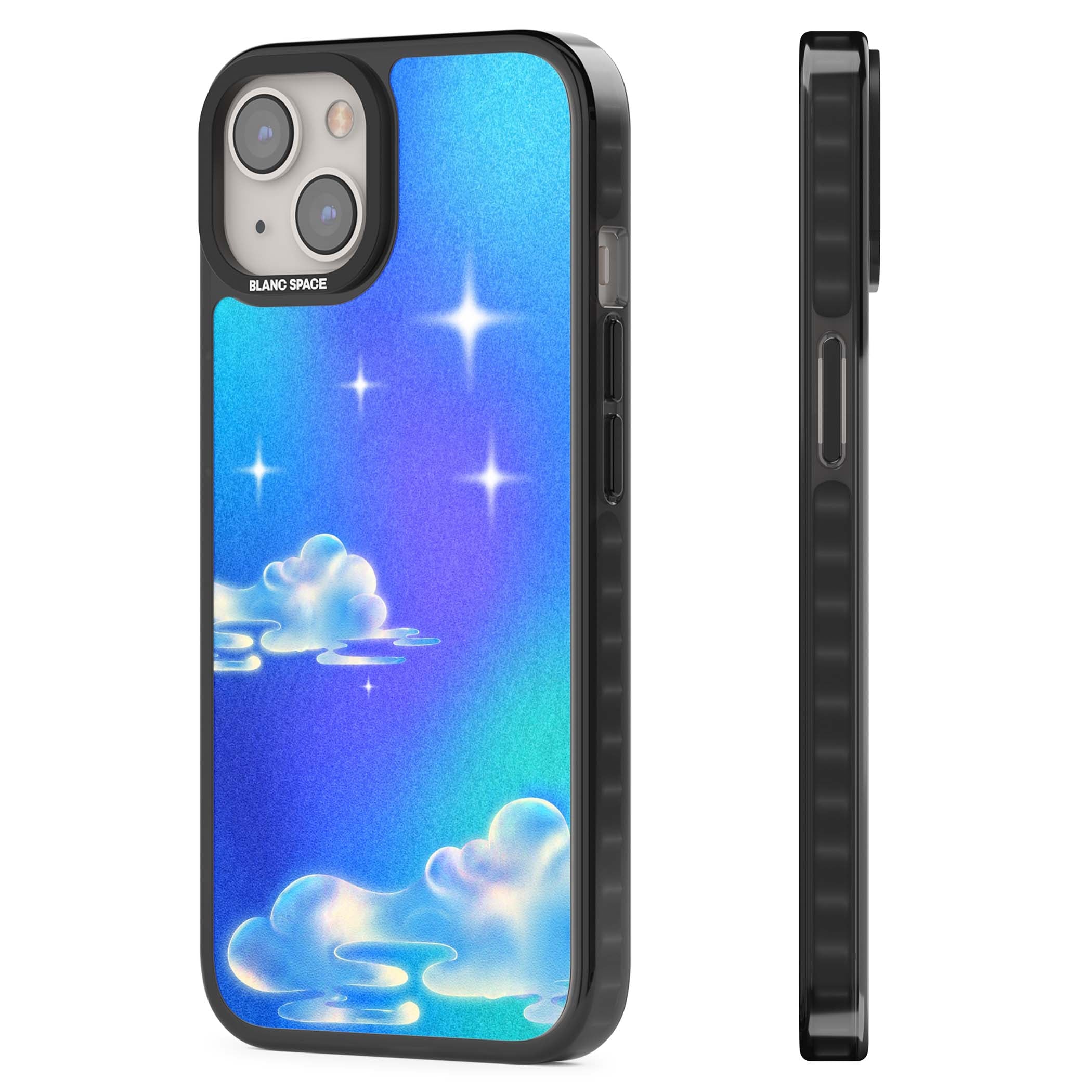 Aurora celestial iPhone case featuring dreamy iridescent clouds, sparkling stars and pastel blue purple sky | Black Impact case for iPhone 13, iPhone 14, iPhone 15