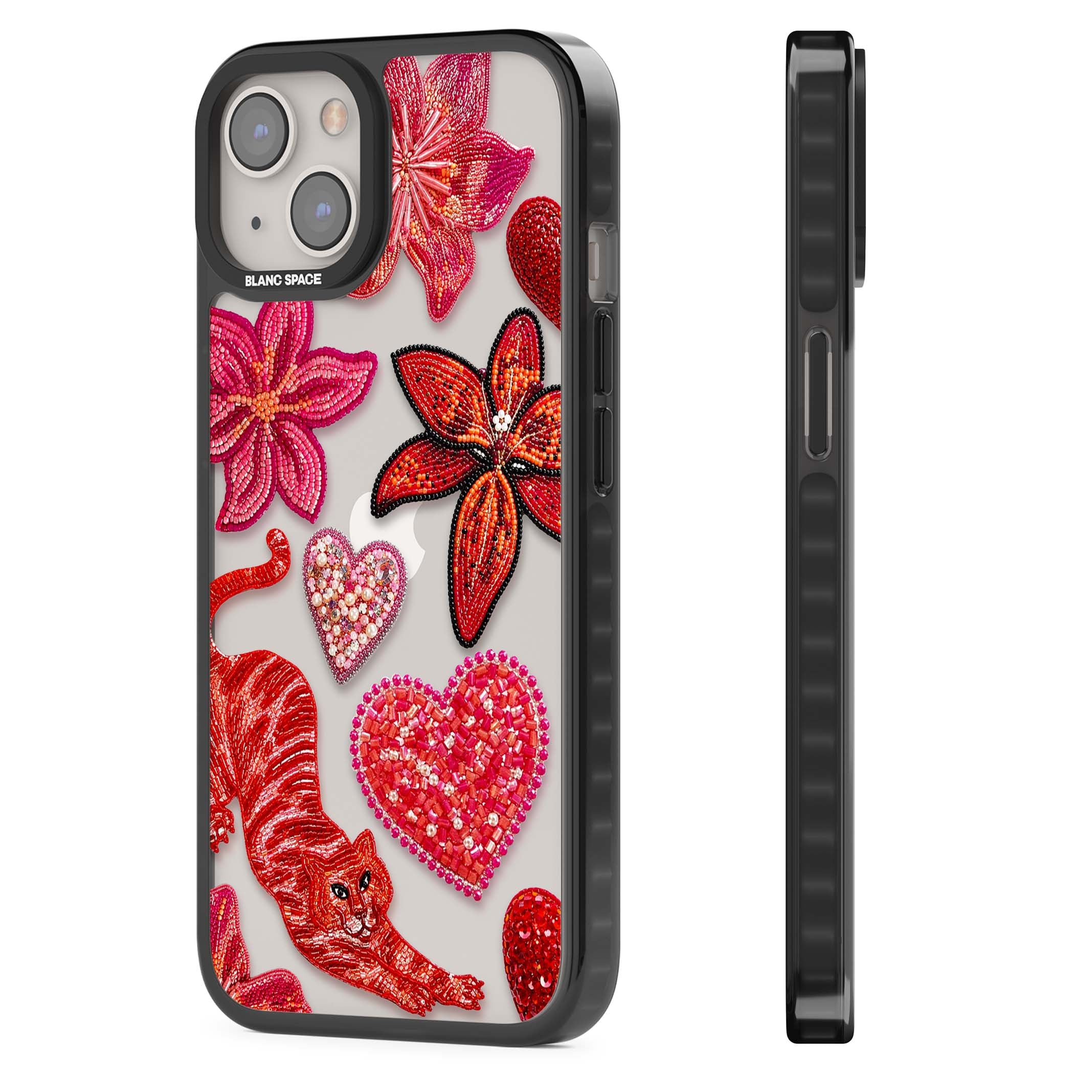 Beaded Boho floral iPhone case featuring beaded red lilies, a stitched tiger, and pearl-encrusted hearts on clear | Black Impact case for iPhone 13, iPhone 14, iPhone 15