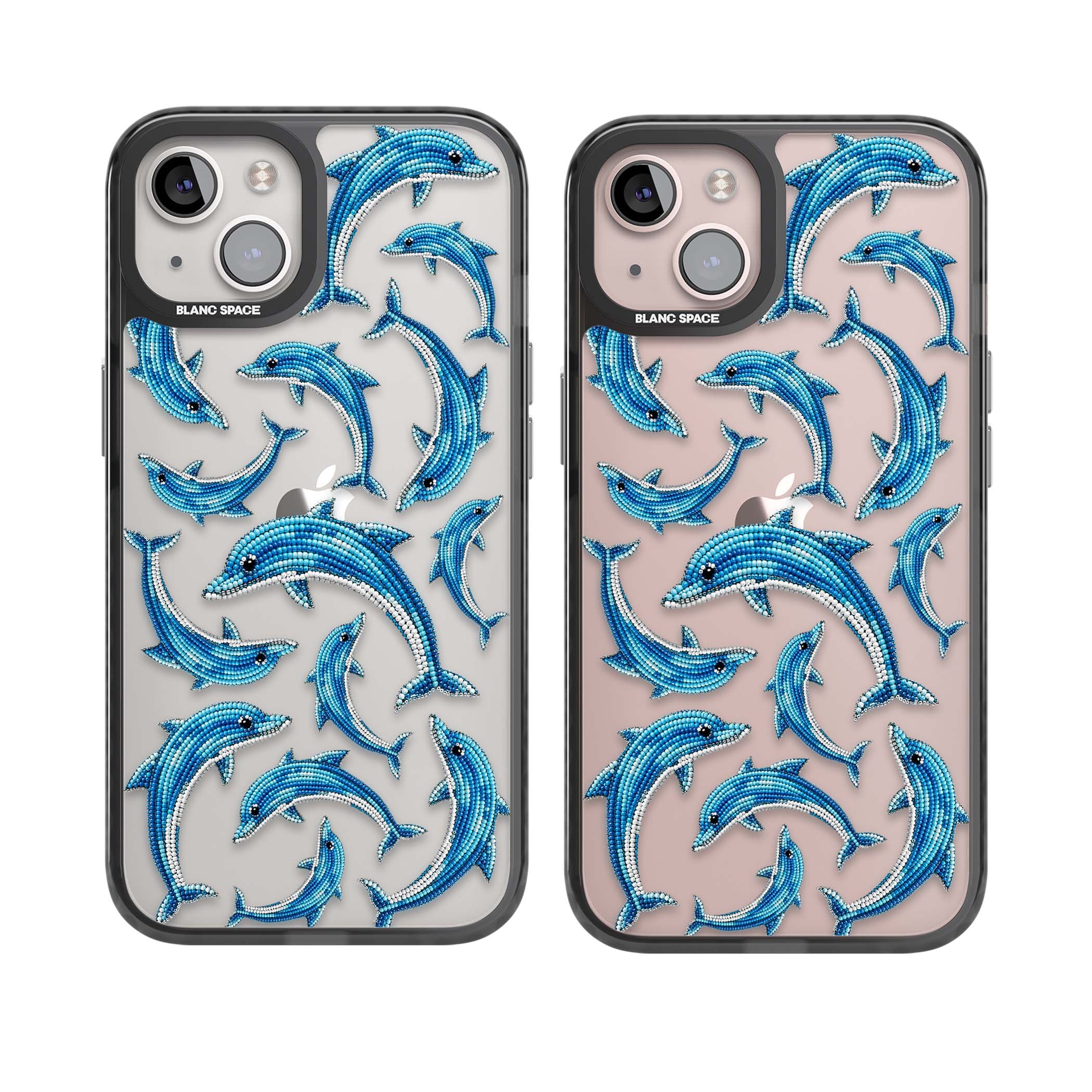 Beaded Dolphins coastal iPhone case featuring beaded dolphins in blue and white swimming across a clear background | Black Impact case for iPhone 13, iPhone 14, iPhone 15