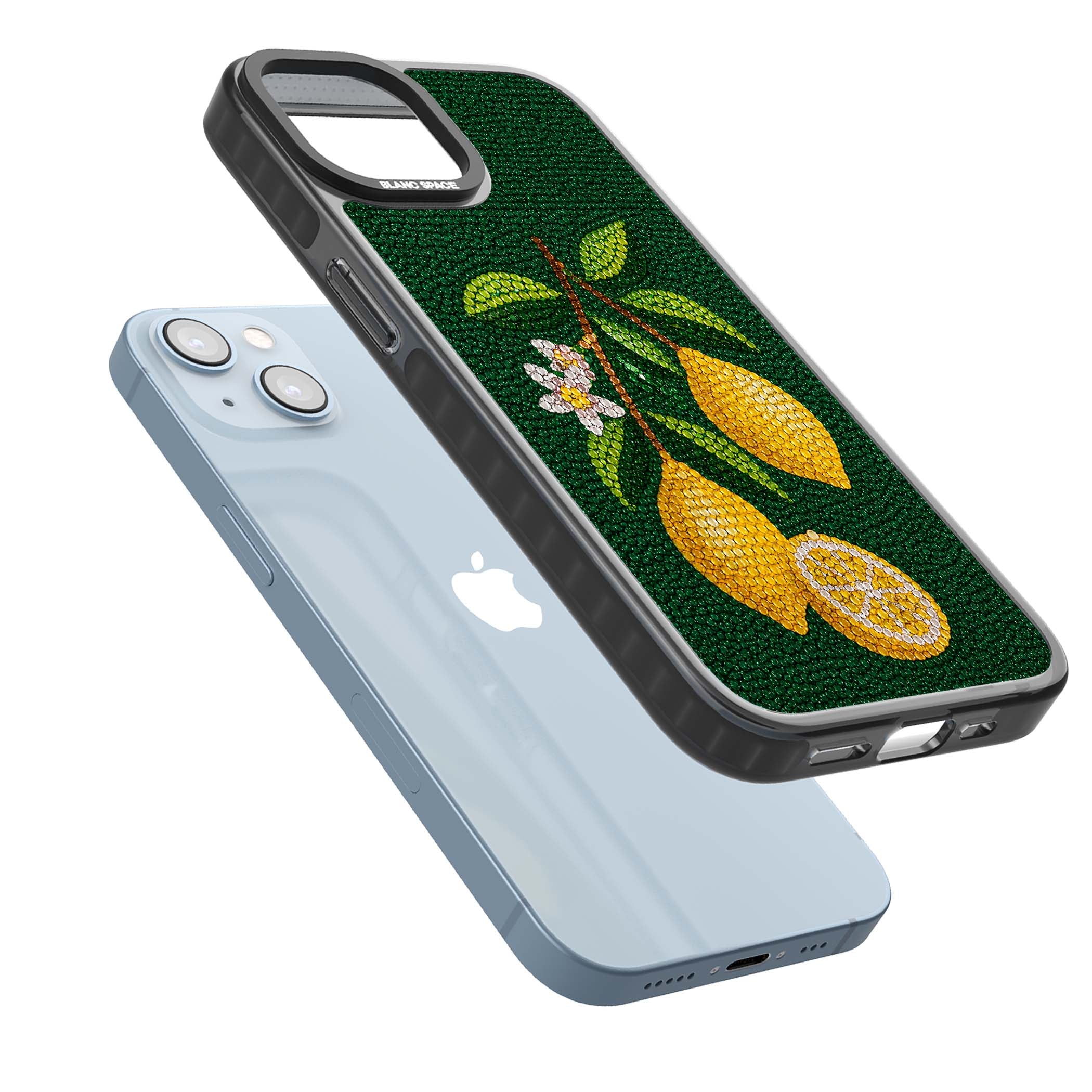 Beaded Lemons coastal iPhone case featuring crystal-beaded lemons, citrus blossom and green leaves on emerald ground | Black Impact case for iPhone 13, iPhone 14, iPhone 15