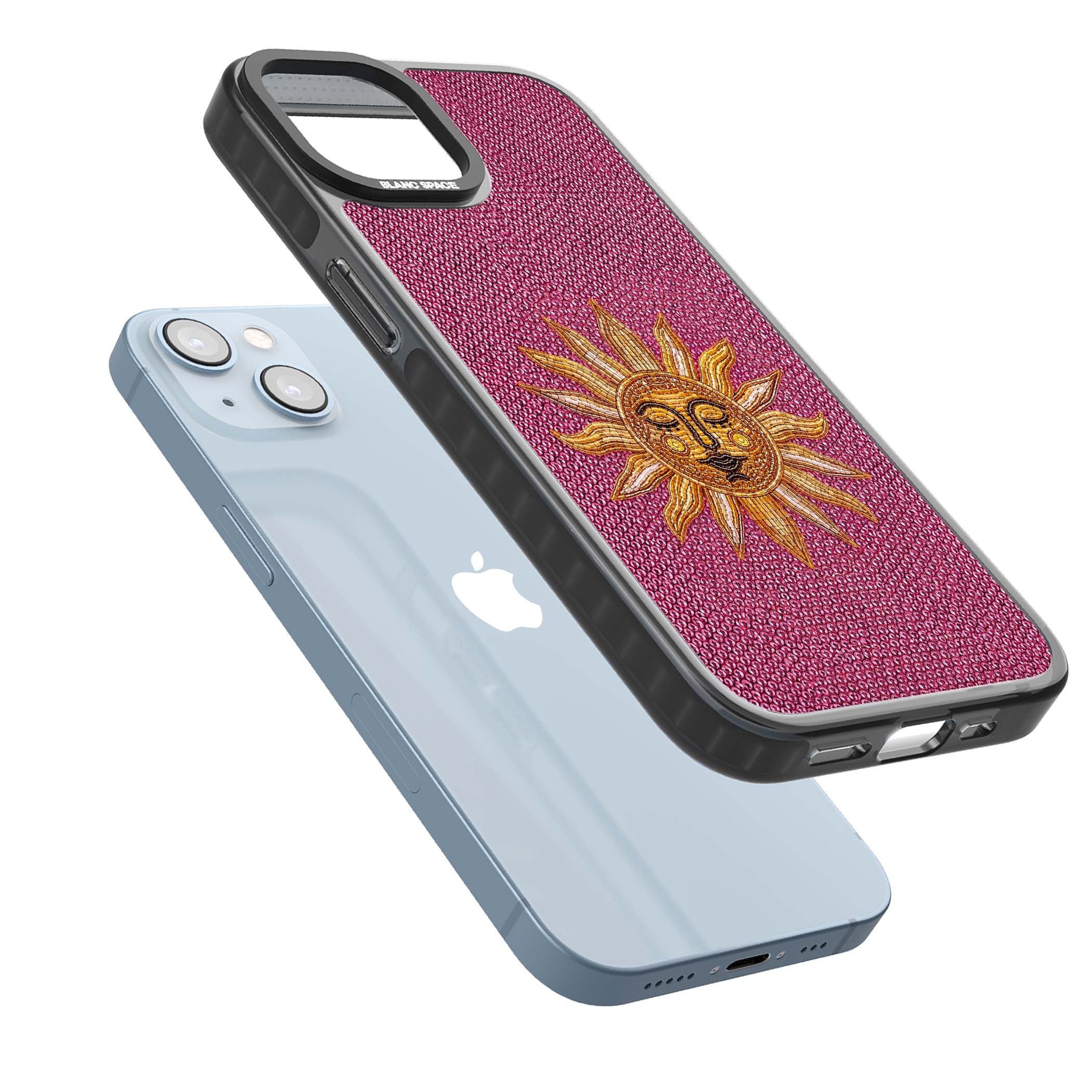 Beaded Sun celestial iPhone case featuring a golden beaded sun face with radiant rays on hot pink beaded background | Black Impact case for iPhone 13, iPhone 14, iPhone 15