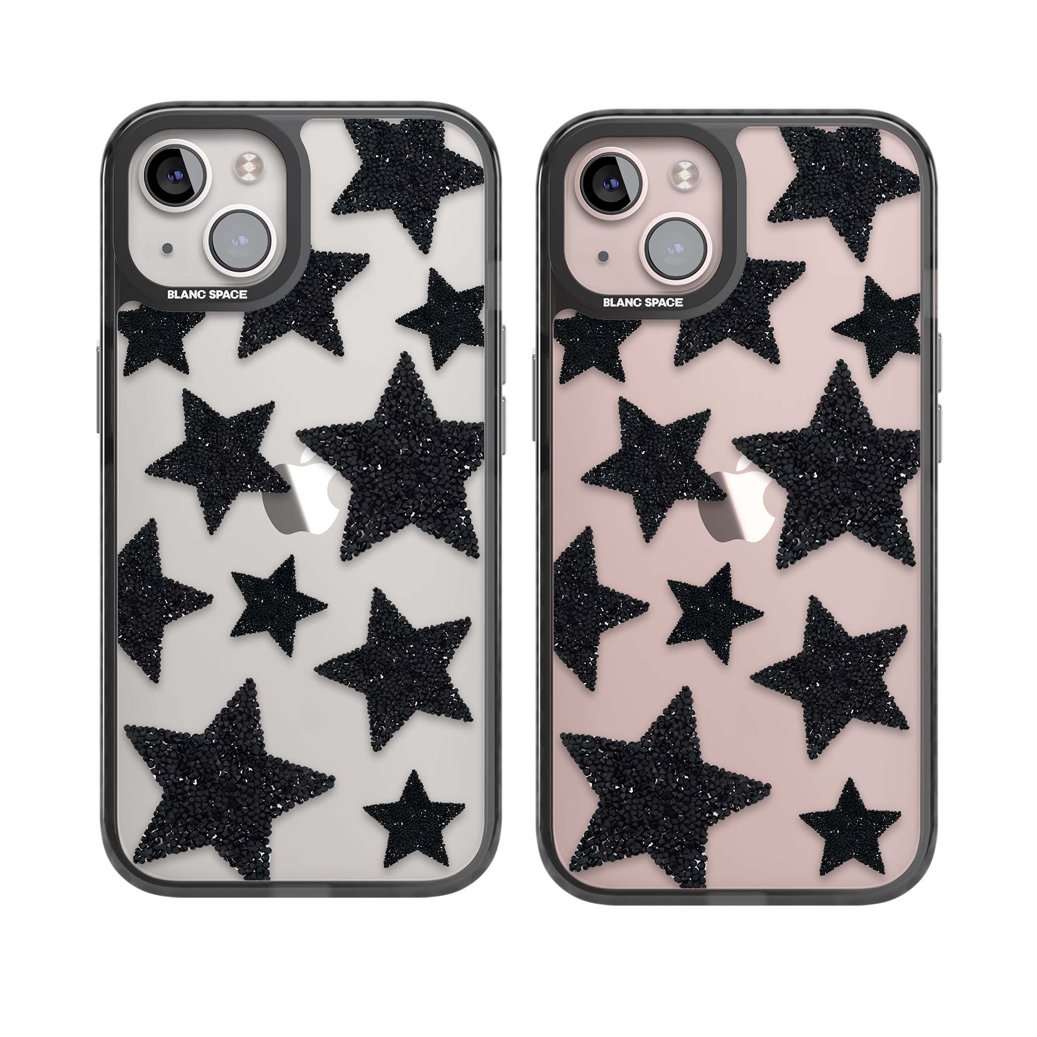 Beaded Black Stars celestial iPhone case featuring black glitter beaded stars scattered on a clear background | Black Impact case for iPhone 13, iPhone 14, iPhone 15