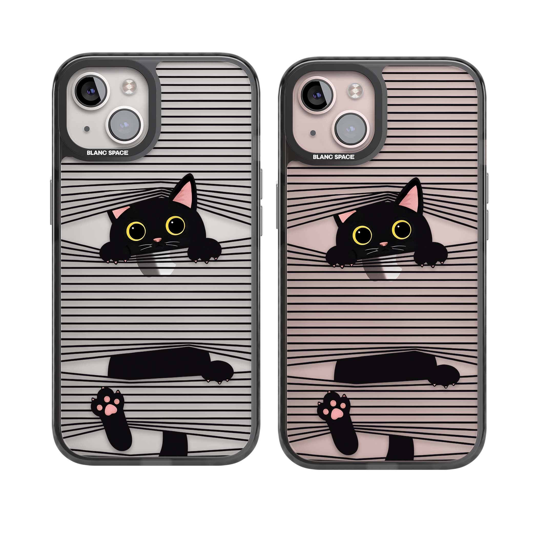 Peek-a-Boo Cat minimal iPhone case featuring black cat peeking through horizontal black and white stripes | Black Impact case for iPhone 13, iPhone 14, iPhone 15