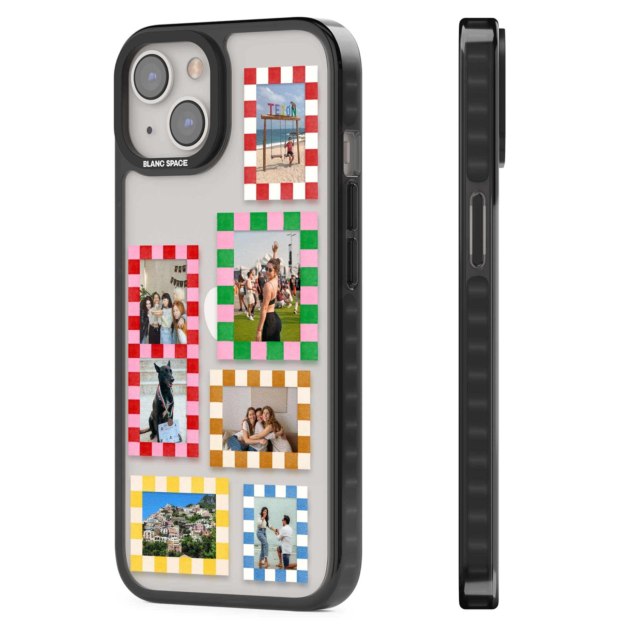Italian Check Frames custom photo collage iPhone case featuring six checkered photo frames in red, green, pink and  | Black Impact case for iPhone 13, iPhone 14, iPhone 15