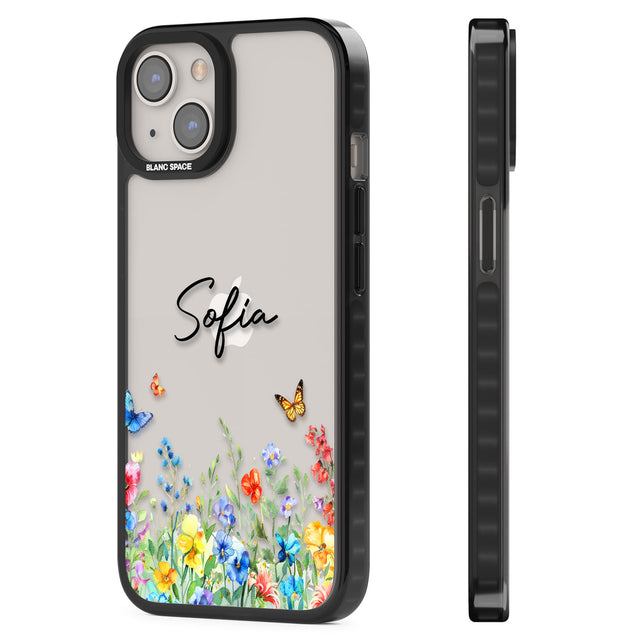 Personalised Buterflies & Wildflowers Black Impact Phone Case for iPhone 13, iPhone 14, iPhone 15