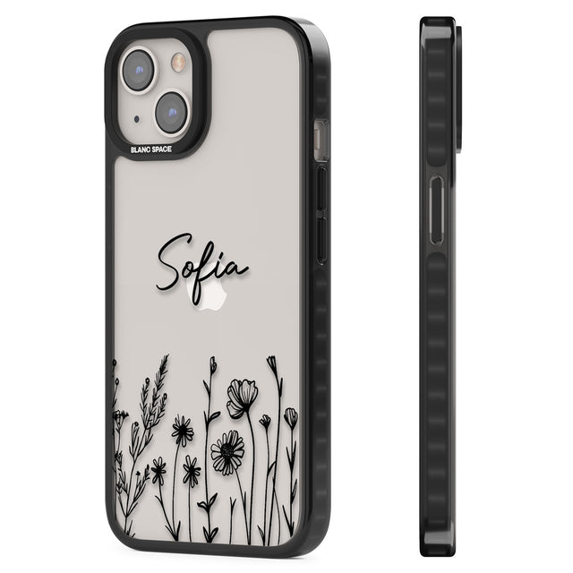 Personalised Black Wildflowers Black Impact Phone Case for iPhone 13, iPhone 14, iPhone 15