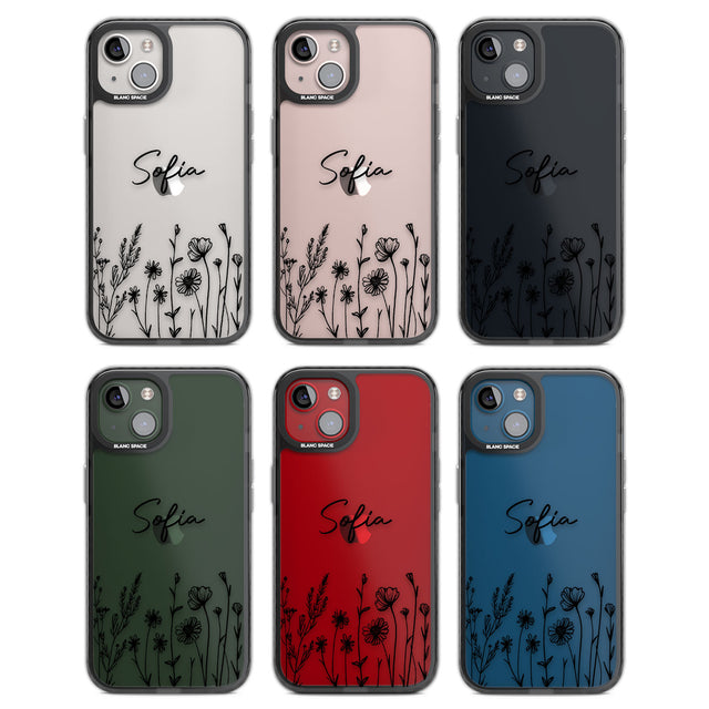 Personalised Black Wildflowers Black Impact Phone Case for iPhone 13, iPhone 14, iPhone 15