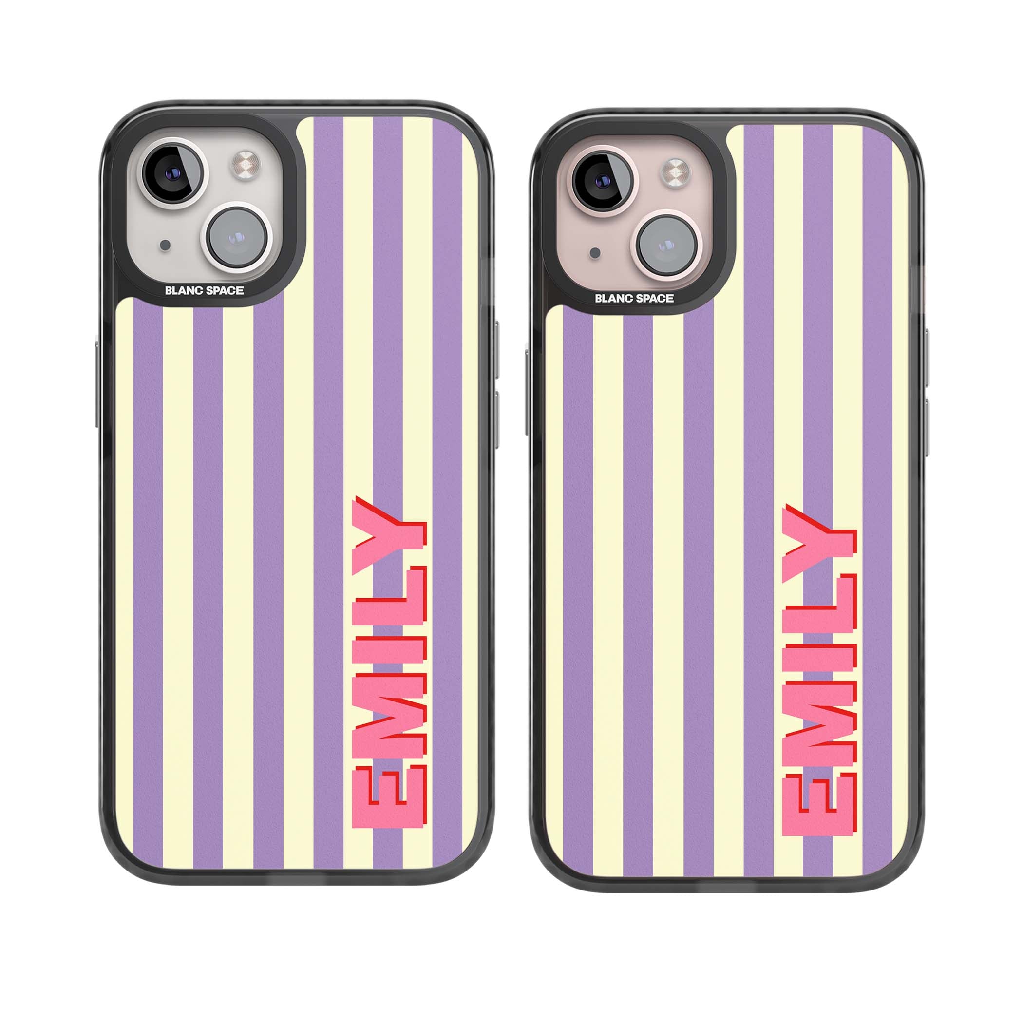 Valensole Stripe personalised iPhone case with purple and cream vertical stripes and pink custom name | Black Impact case for iPhone 13, iPhone 14, iPhone 15