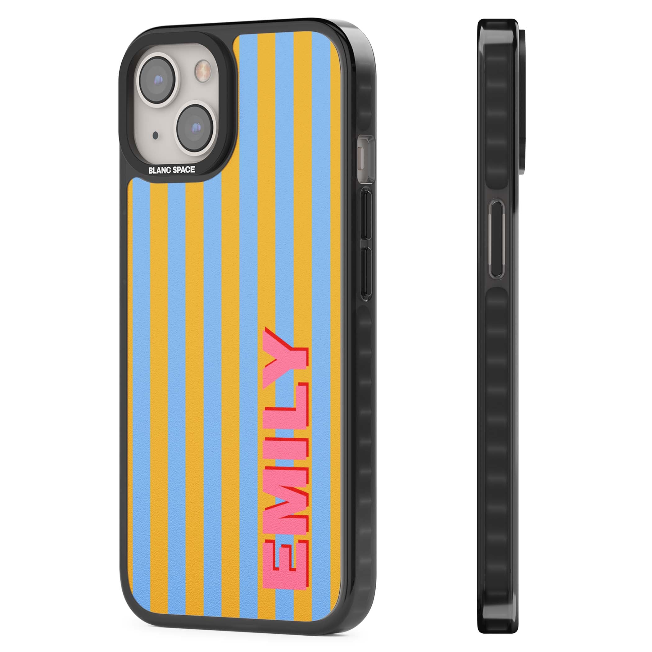 Carribean Stripe personalised coastal iPhone case with yellow and blue vertical stripes and a custom pink name | Black Impact case for iPhone 13, iPhone 14, iPhone 15