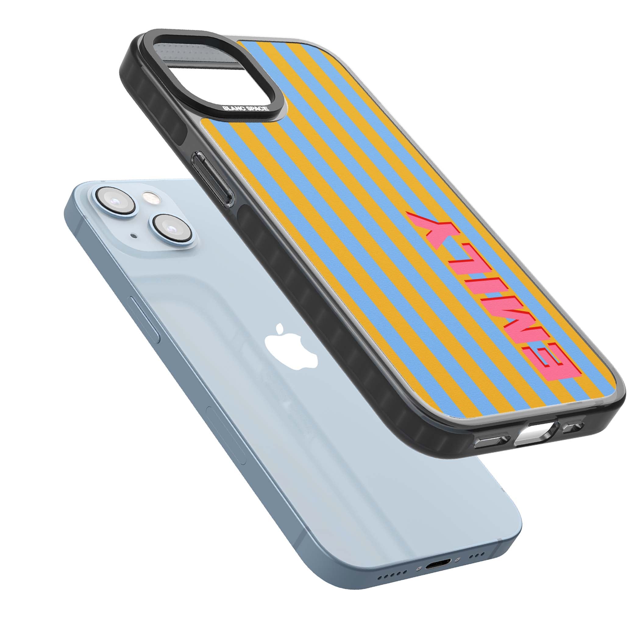 Carribean Stripe personalised coastal iPhone case with yellow and blue vertical stripes and a custom pink name | Black Impact case for iPhone 13, iPhone 14, iPhone 15