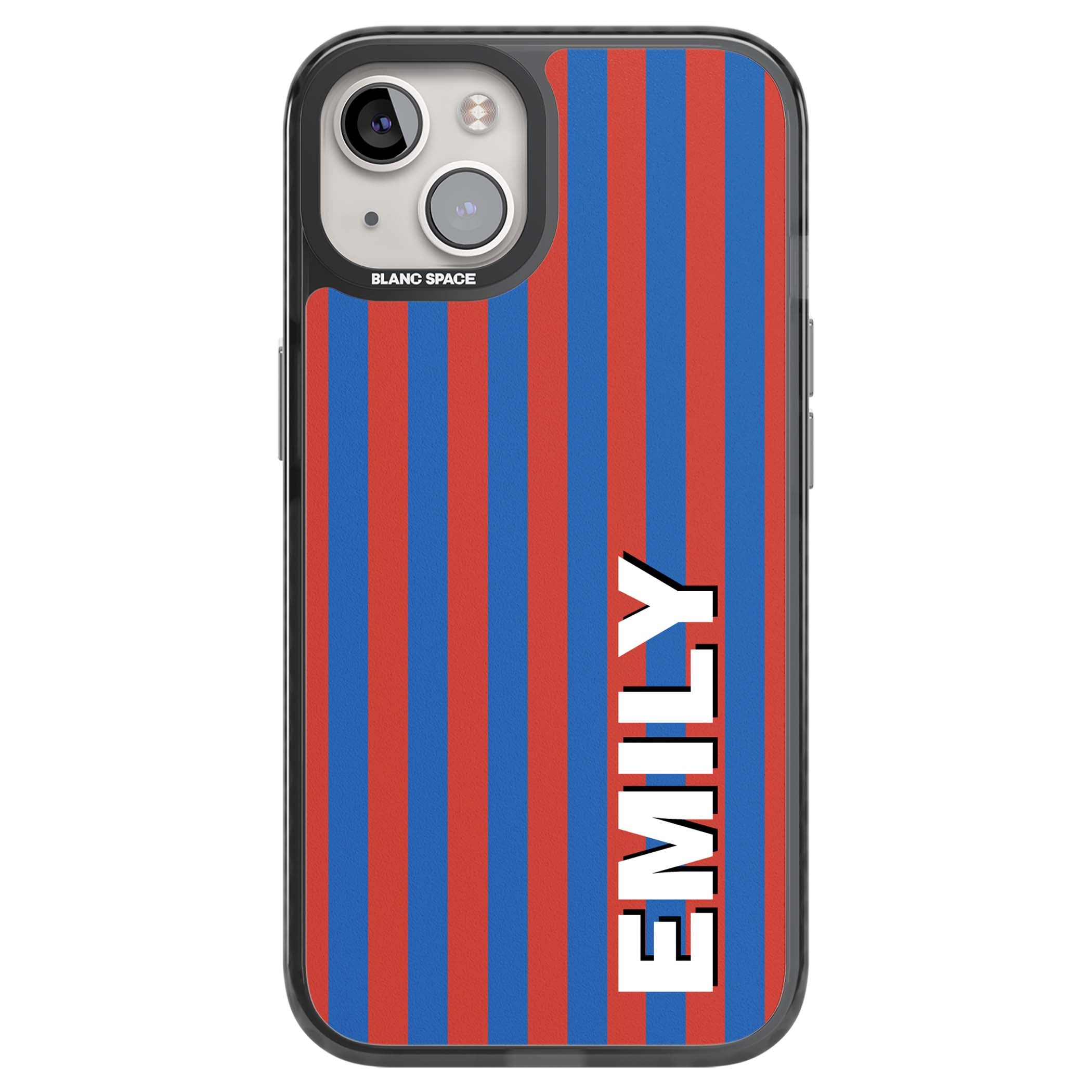 Cuban Stripe personalised iPhone case featuring red and blue vertical stripes with custom name in bold white letters | Black Impact case for iPhone 13, iPhone 14, iPhone 15