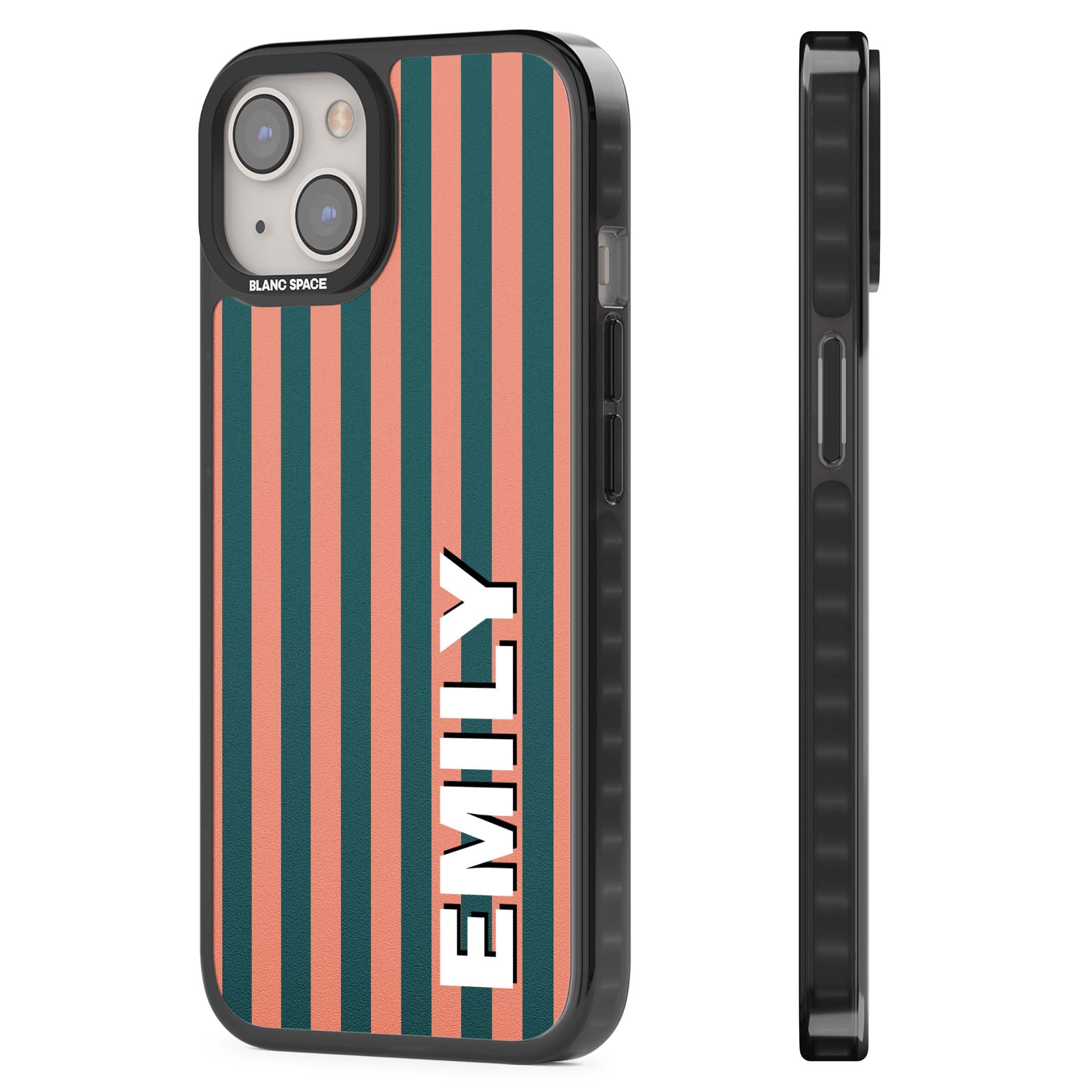 Tuscan Stripe personalised iPhone case featuring coral and green vertical stripes with bold custom name | Black Impact case for iPhone 13, iPhone 14, iPhone 15