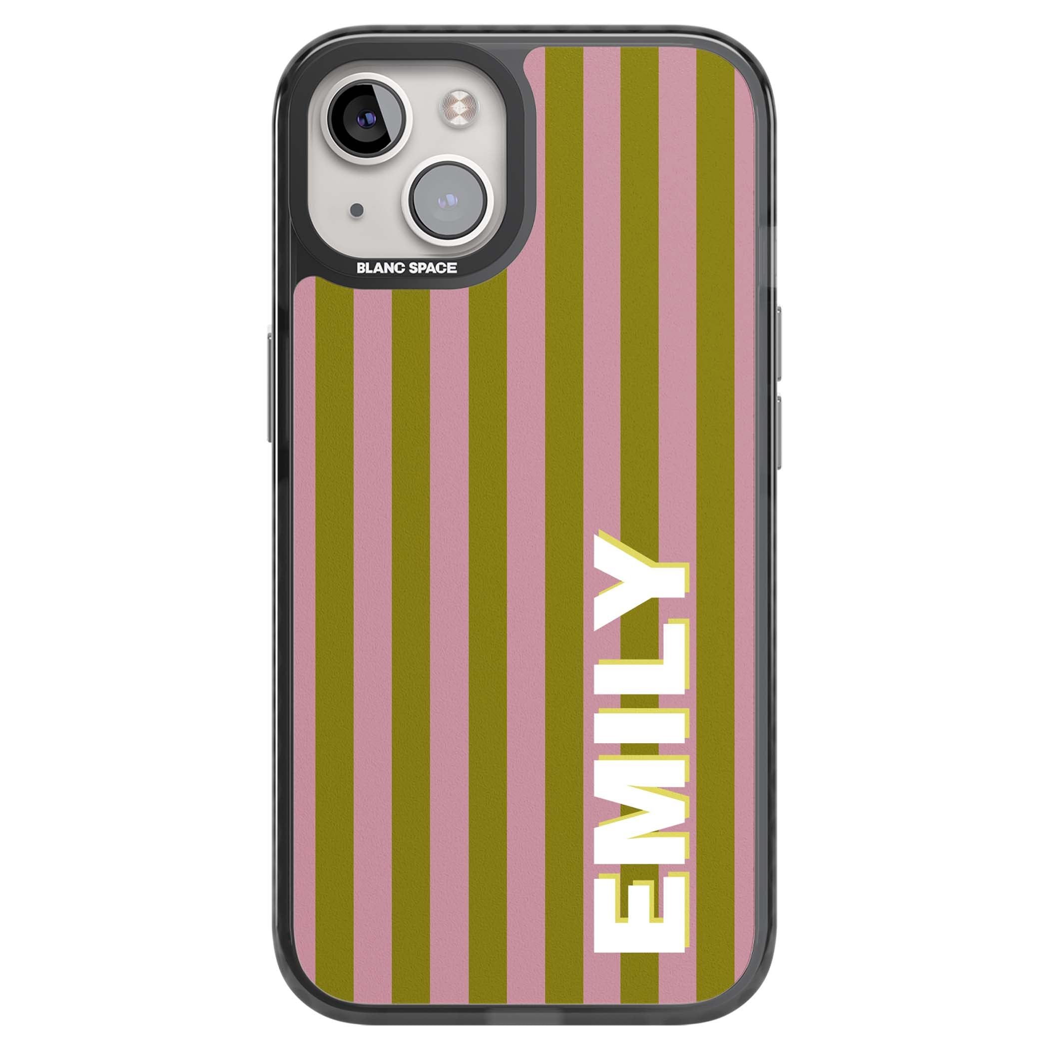 Istanbul Stripe personalised iPhone case featuring pink and olive green vertical stripes with a custom vertical name | Black Impact case for iPhone 13, iPhone 14, iPhone 15
