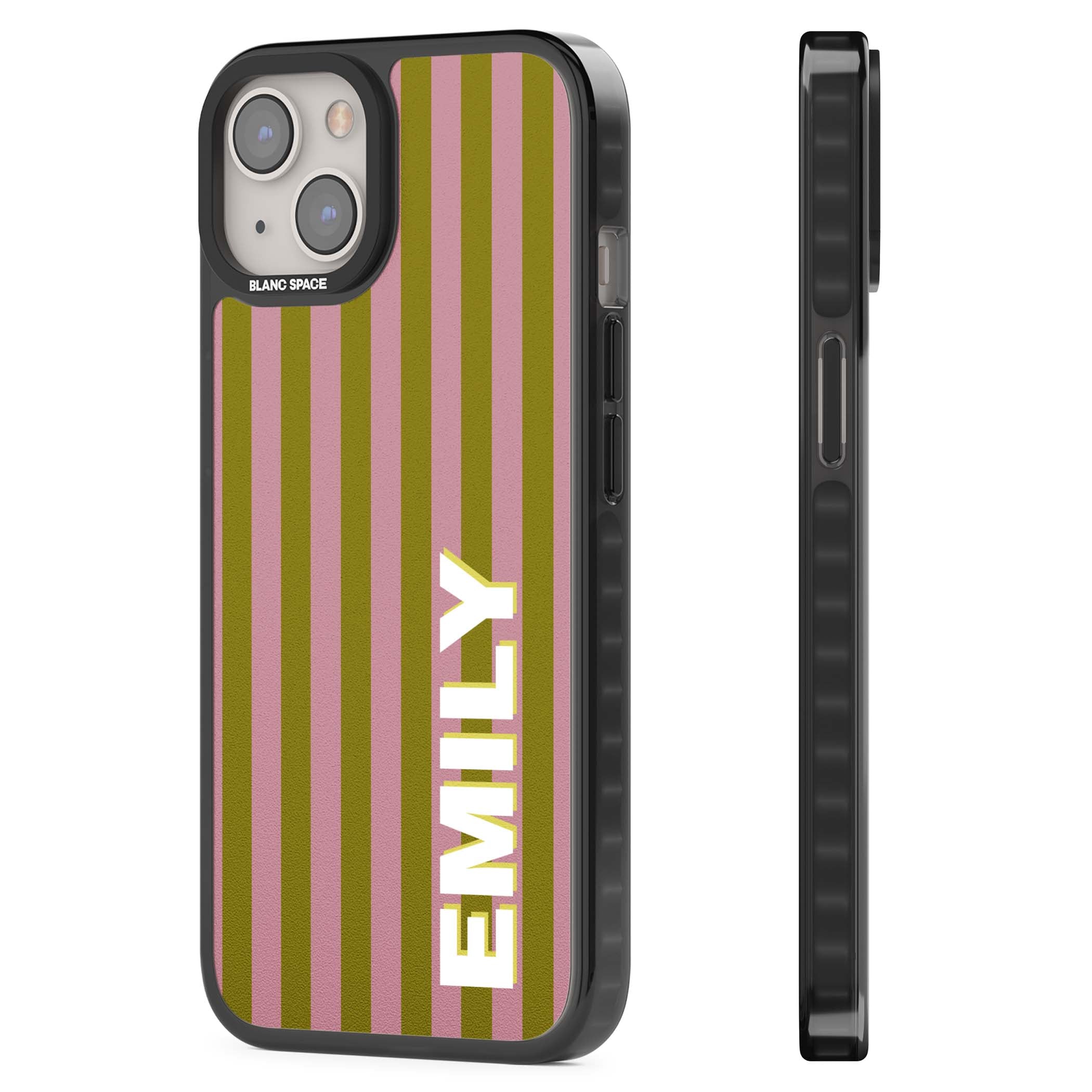 Istanbul Stripe personalised iPhone case featuring pink and olive green vertical stripes with a custom vertical name | Black Impact case for iPhone 13, iPhone 14, iPhone 15
