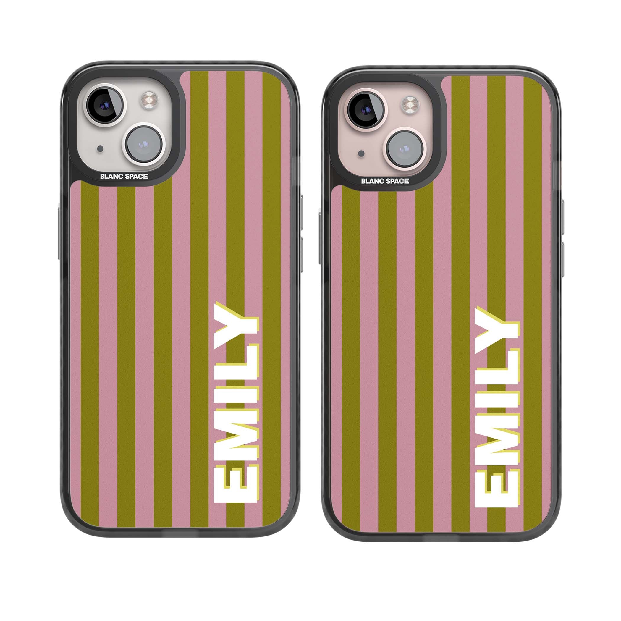 Istanbul Stripe personalised iPhone case featuring pink and olive green vertical stripes with a custom vertical name | Black Impact case for iPhone 13, iPhone 14, iPhone 15