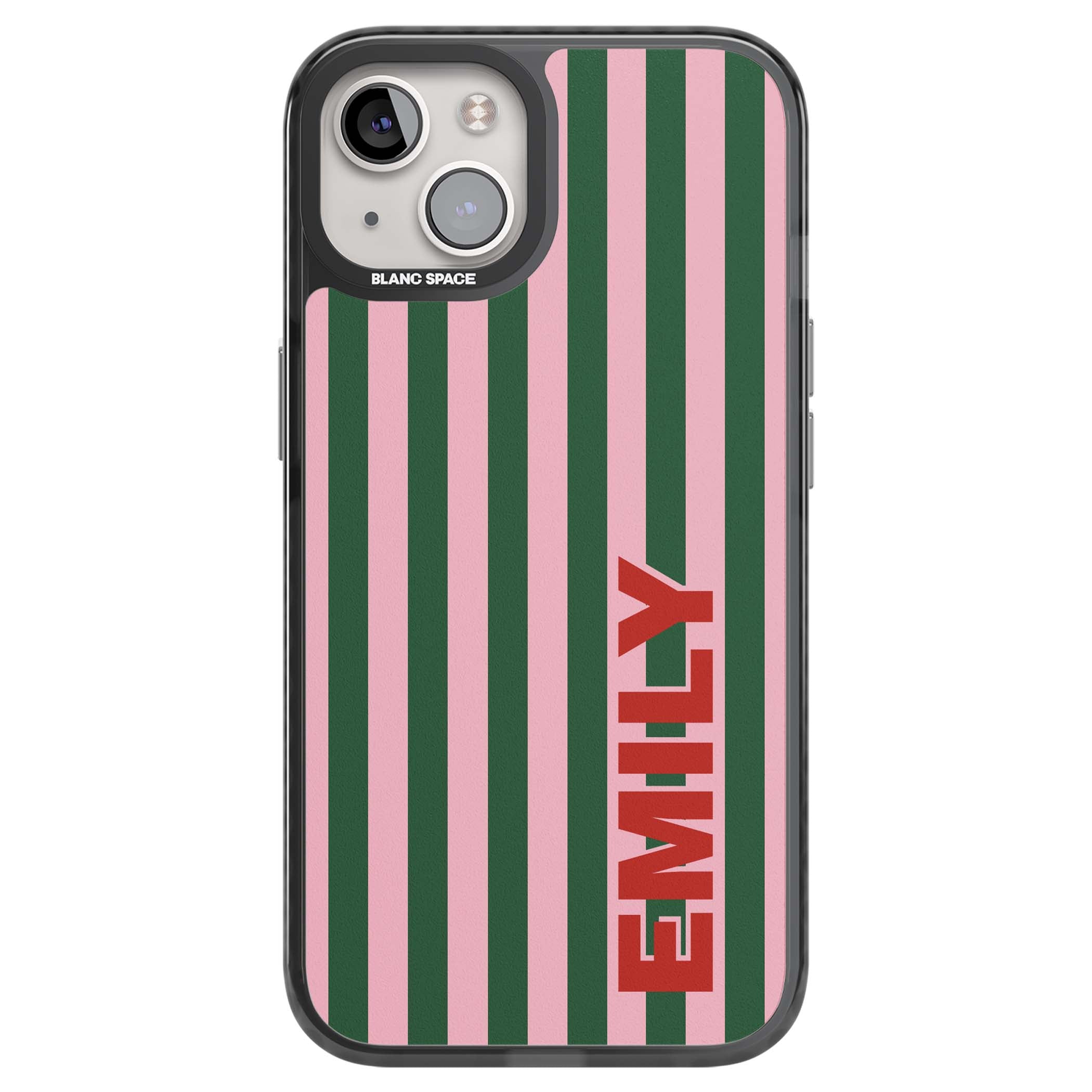 Italian Stripe preppy iPhone case featuring pink and green vertical stripes with personalised red name | Black Impact case for iPhone 13, iPhone 14, iPhone 15